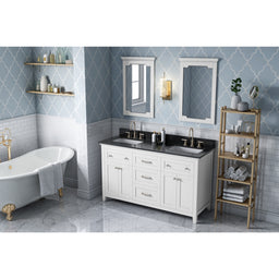 60" White Chatham Vanity, double bowl, Black Granite Vanity Top, two undermount rectangle bowls