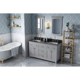 60" Grey Chatham Vanity, double bowl, Black Granite Vanity Top, two undermount rectangle bowls