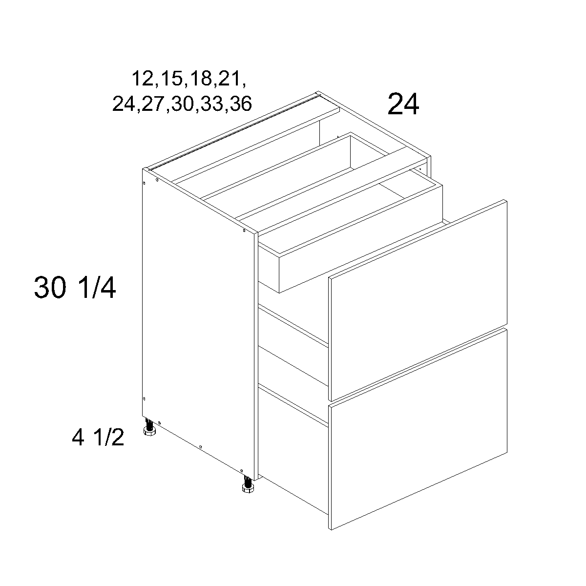 Palermo Gloss White Two Drawer with One Inner Drawer Base Cabinet 12" x 34-1/2" x 24"