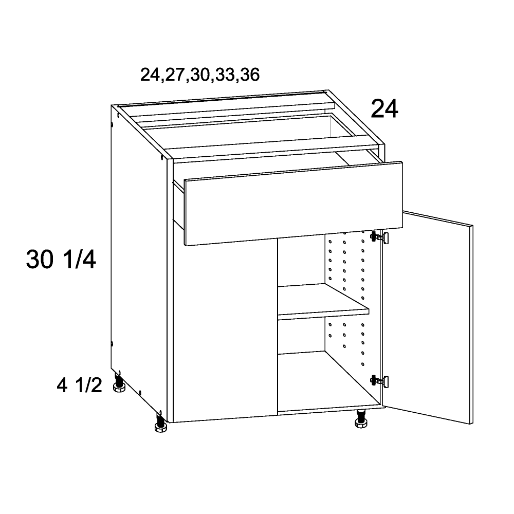 Palermo Gloss White Double Door Single Drawer Base Cabinet 24" x 34-1/2" x 24"
