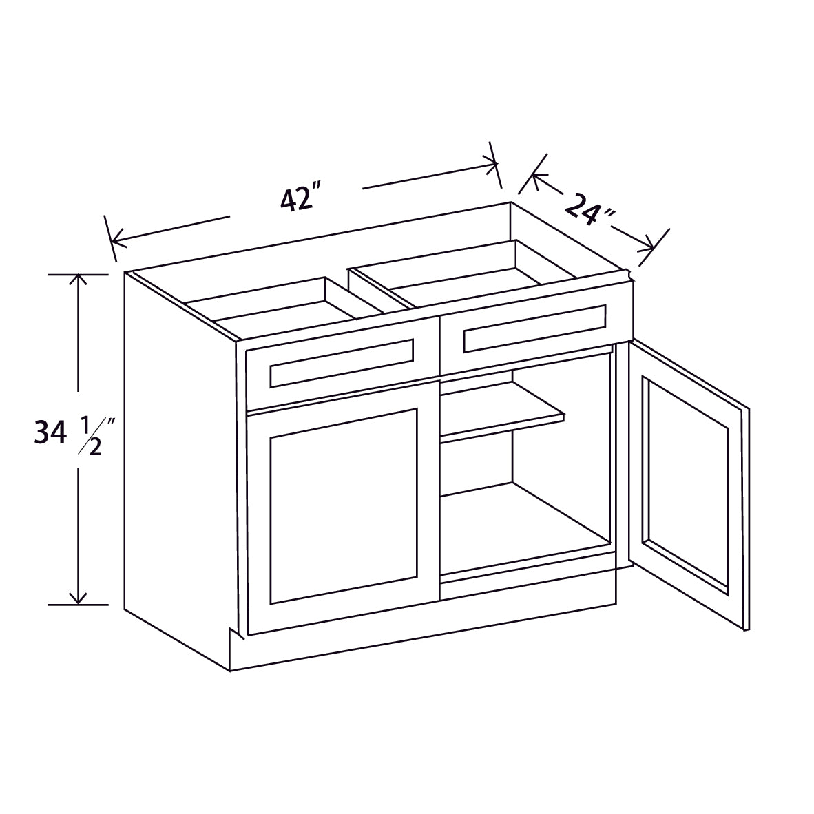 In-Stock Shaker White Two Door Two Drawer Base, 42"