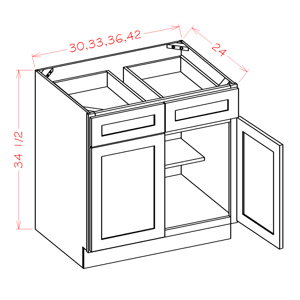 Shaker Double Door Double Drawer Bases, 33"
