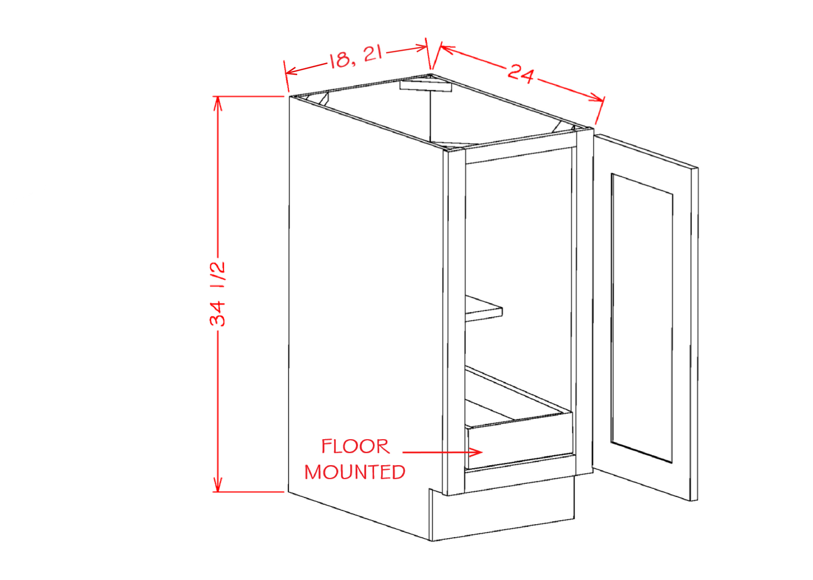 Shaker Single Rollout Shelf Full Height Door Base Kit, 18"