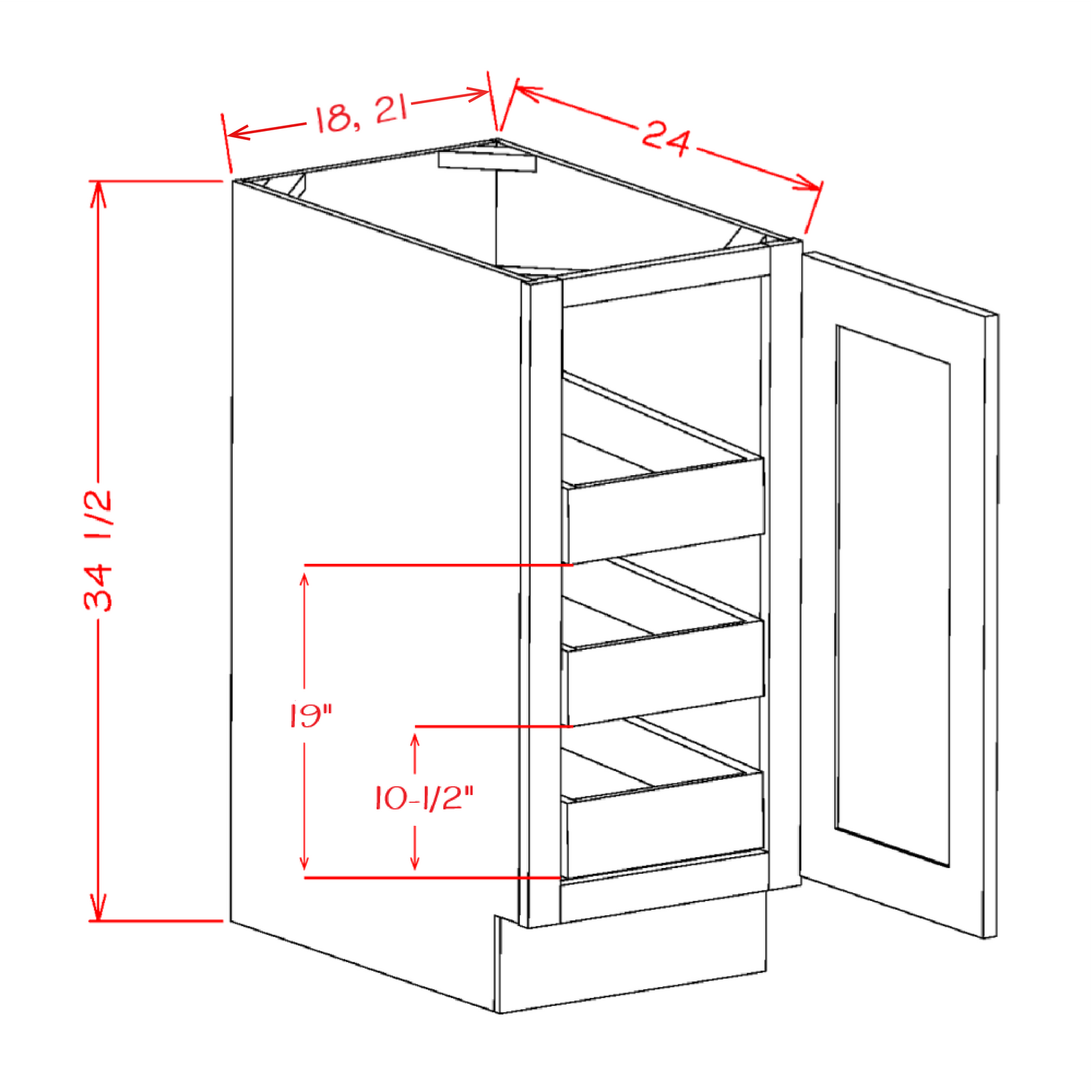Shaker Triple Rollout Shelf Full Height Door Base Kit, 18"