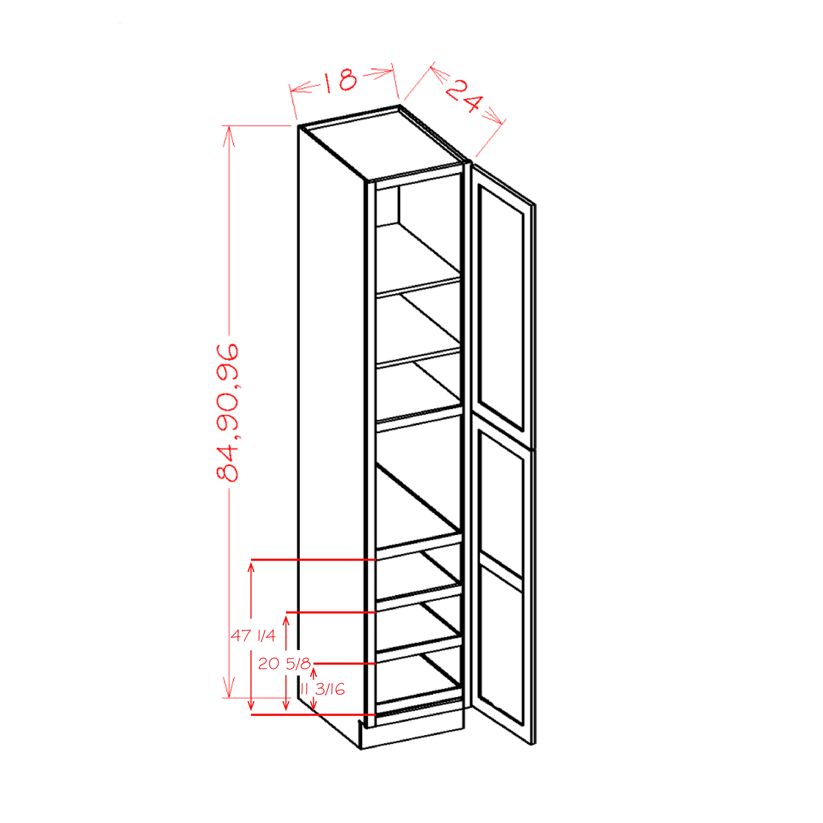 Shaker Four Rollout Shelf Utility Cabinet, 18" x 24" x 84"