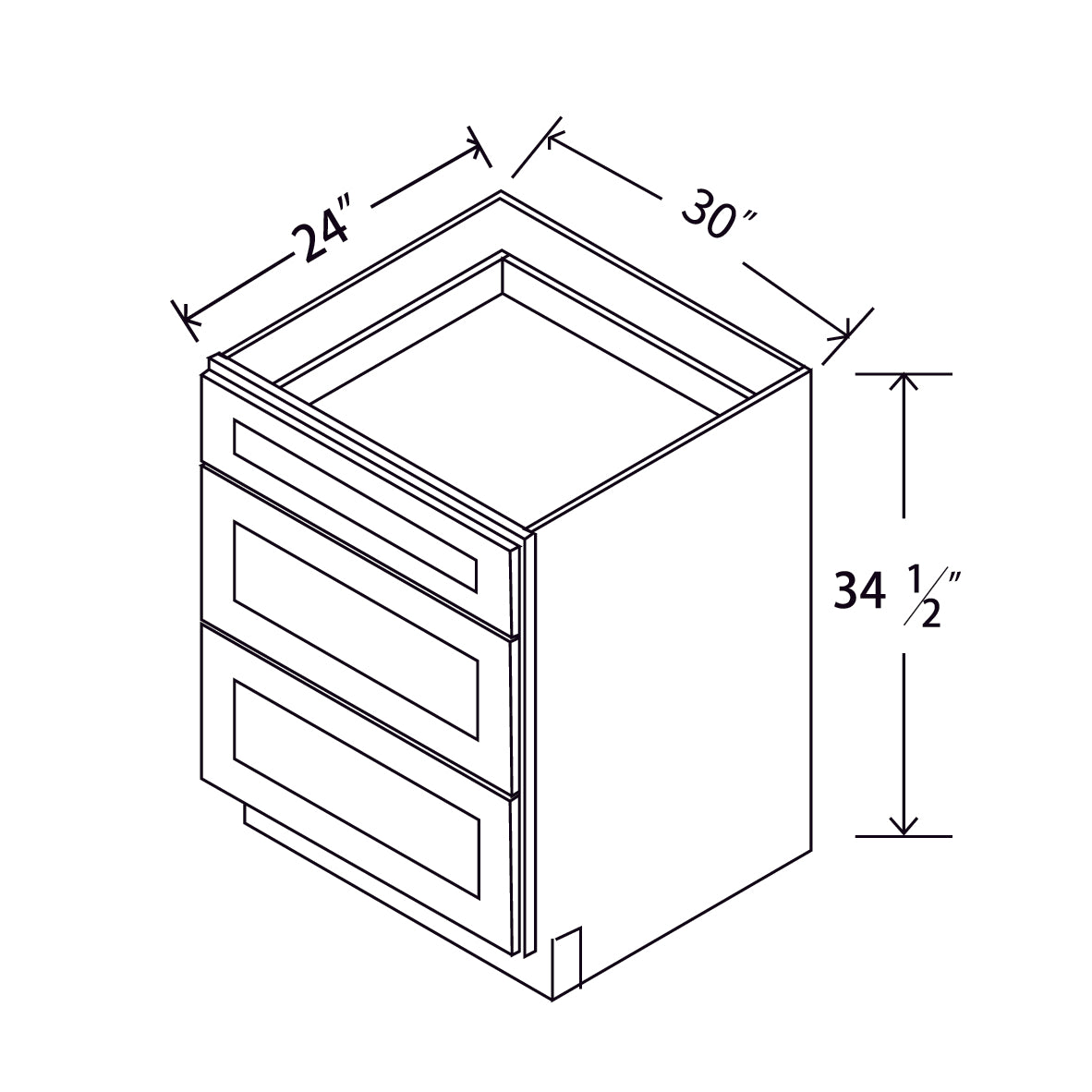 In-Stock Shaker White Three Drawer Base, 30"