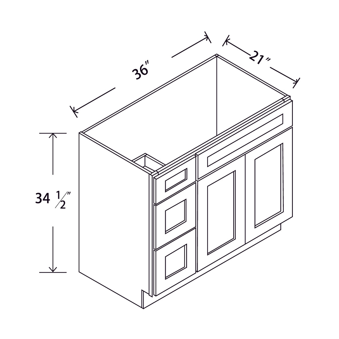 In-Stock Shaker White Vanity Base 2 Drawers (Left), 36"