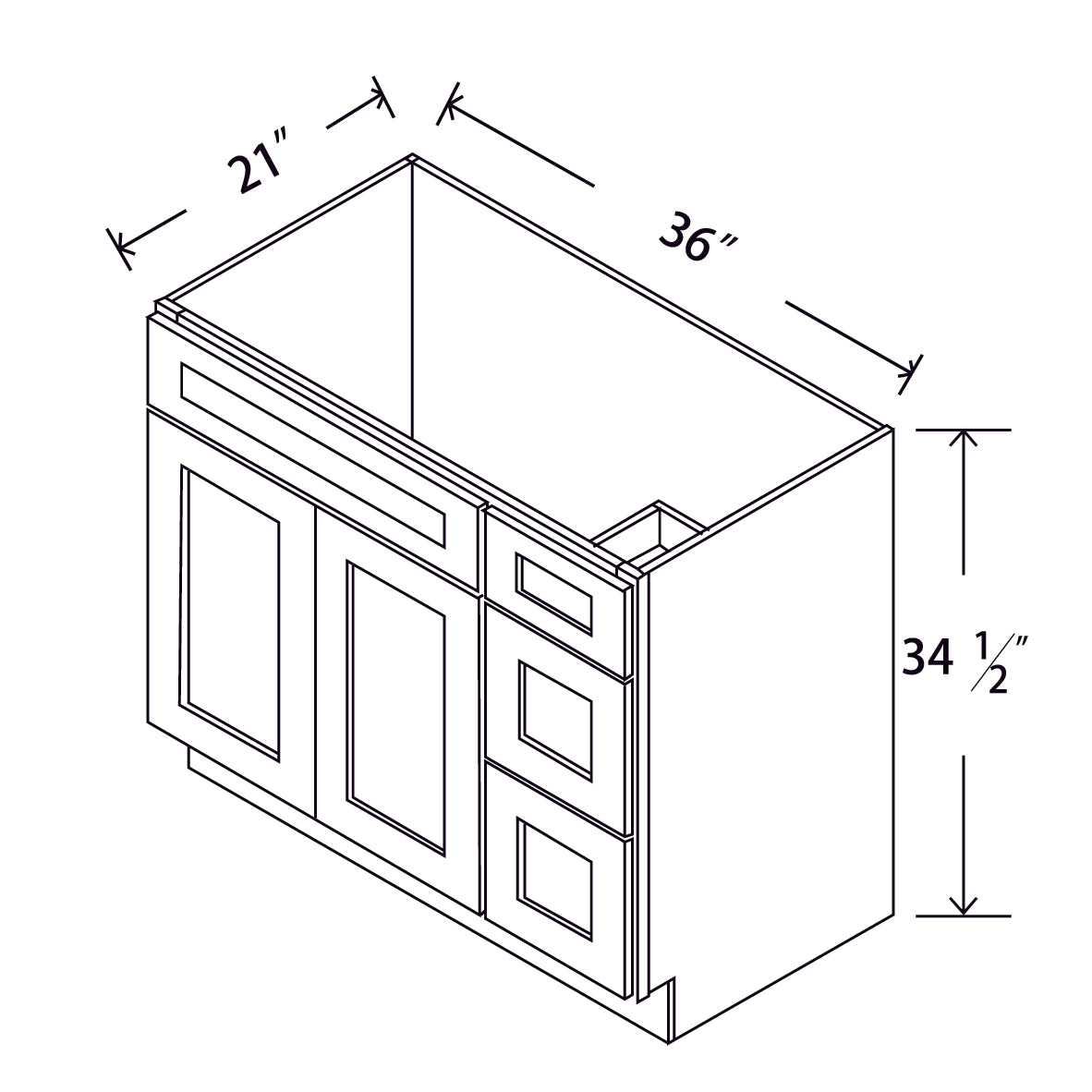 In-Stock Shaker White Vanity Base 2 Drawers (Right), 36"