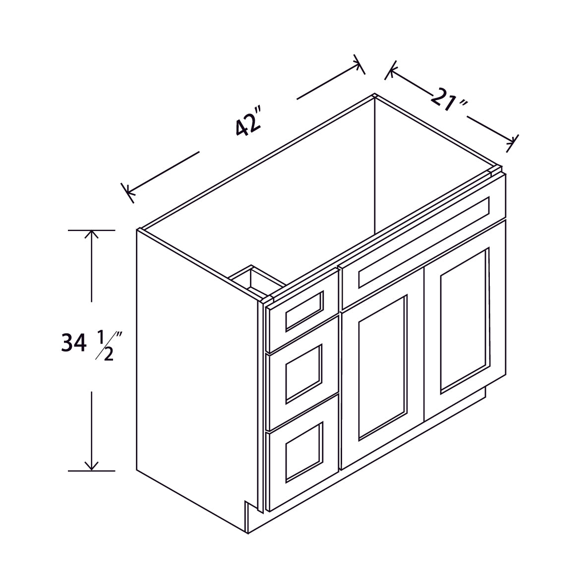In-Stock Shaker White Vanity Base 2 Drawers (Right), 42"