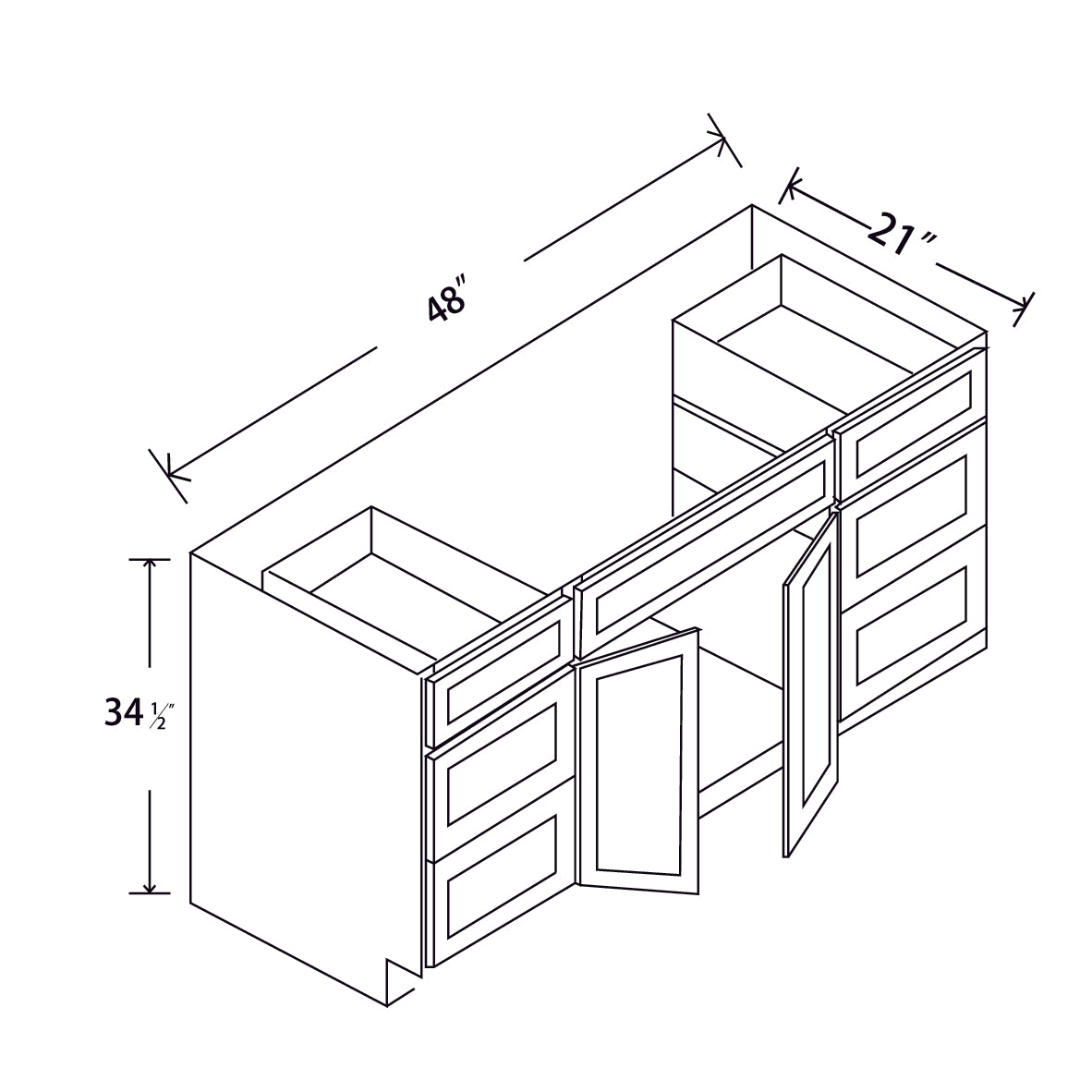 In-Stock Shaker White Vanity Base 6 Drawer Combo, 48"