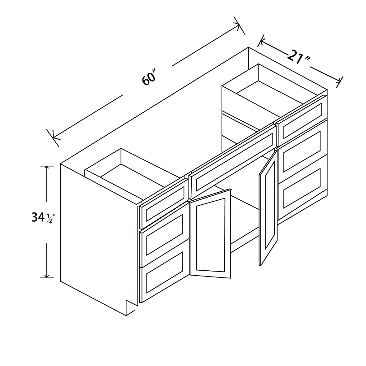 In-Stock Shaker White Vanity Base 6 Drawer Combo, 60"