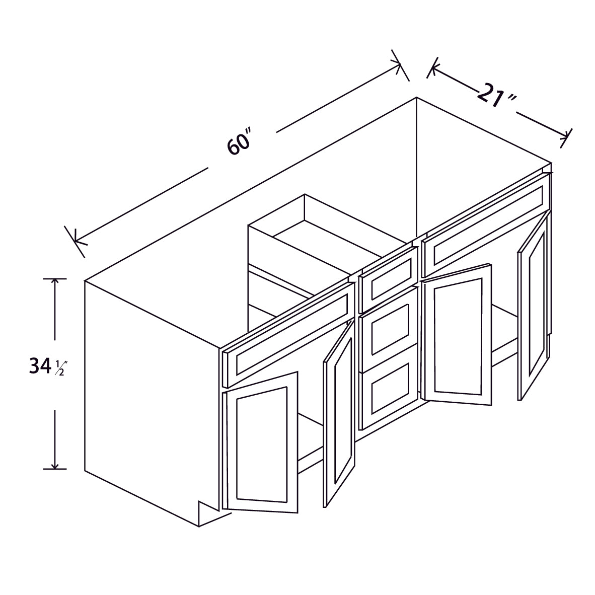 In-Stock Shaker White Vanity Base Three Drawer, 60"