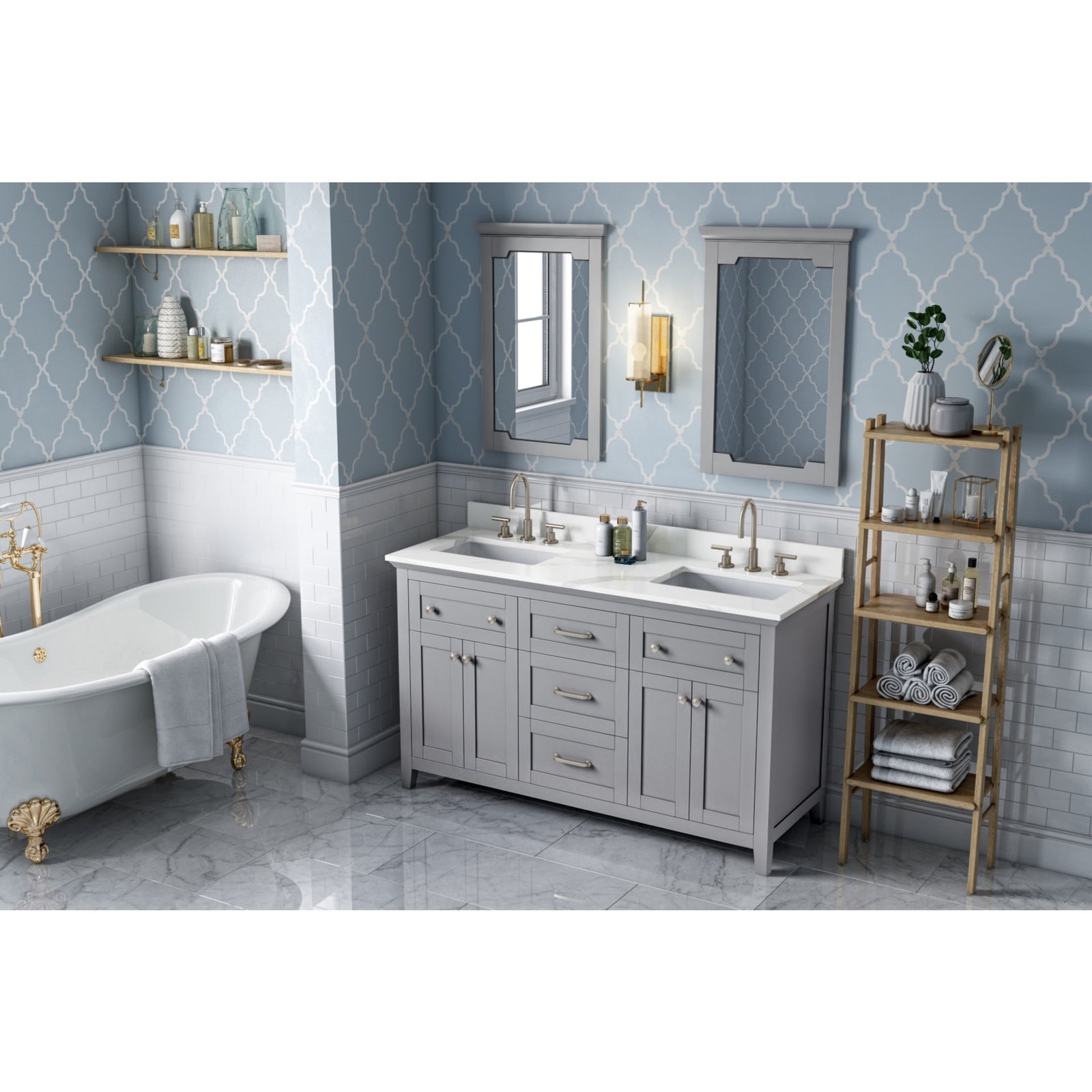 60" Grey Chatham Vanity, double bowl, Calacatta Vienna Quartz Vanity Top, two undermount rectangle bowls