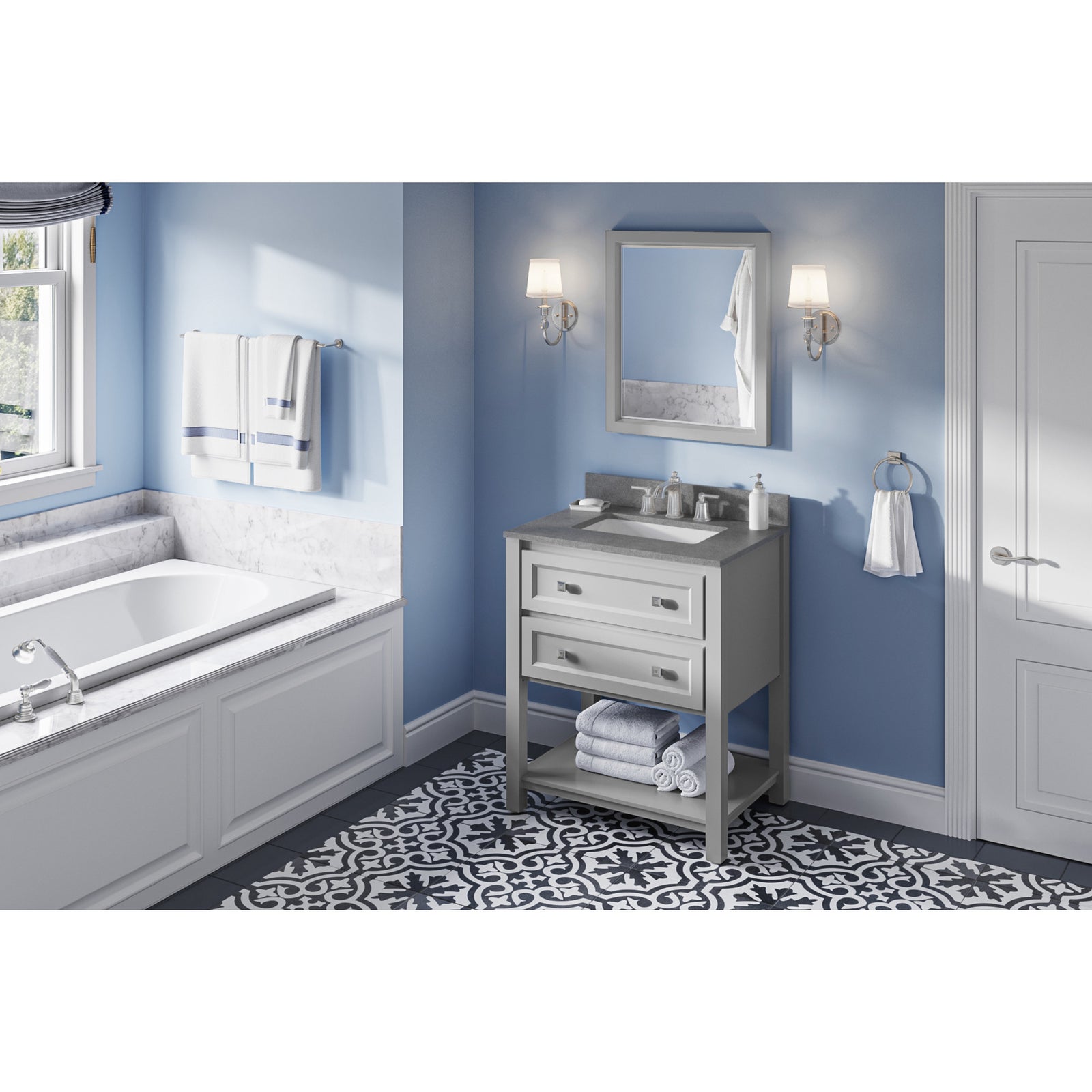 30" Grey Adler Vanity, Steel Grey Cultured Marble Vanity Top, undermount rectangle bowl