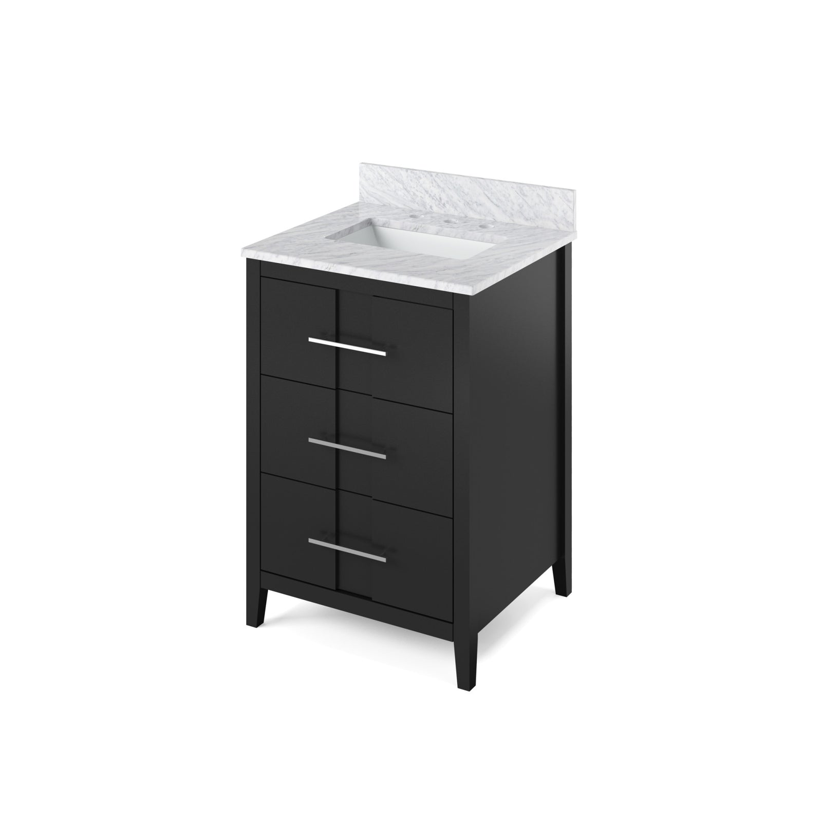 24" Black Katara Vanity, White Carrara Marble Vanity Top, undermount rectangle bowl