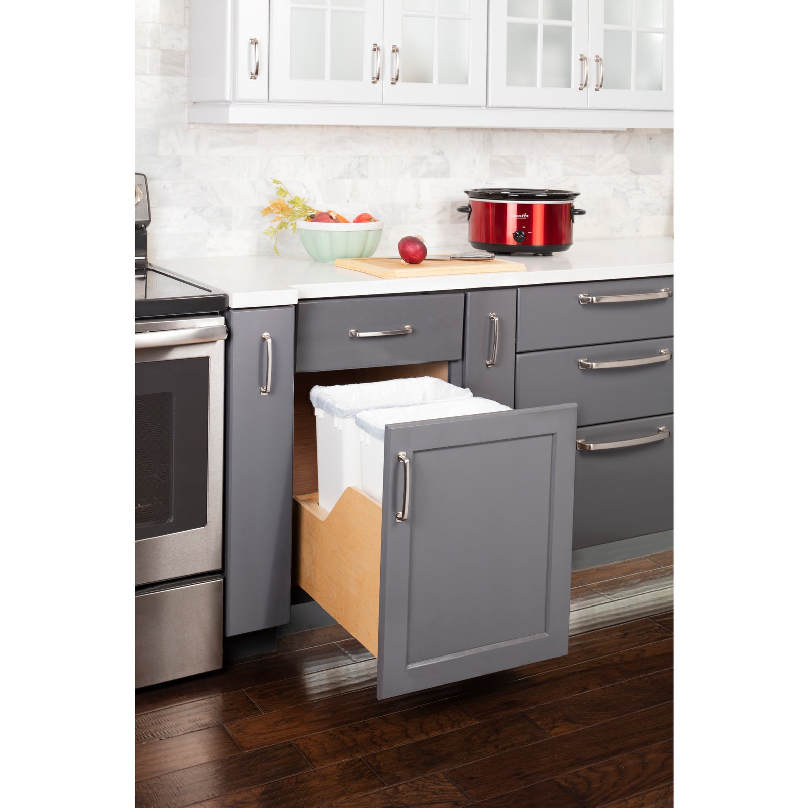 Double 35 Quart Wood Bottom-Mount Soft-close Trashcan Rollout for Door Mounting, Includes Two White Cans
