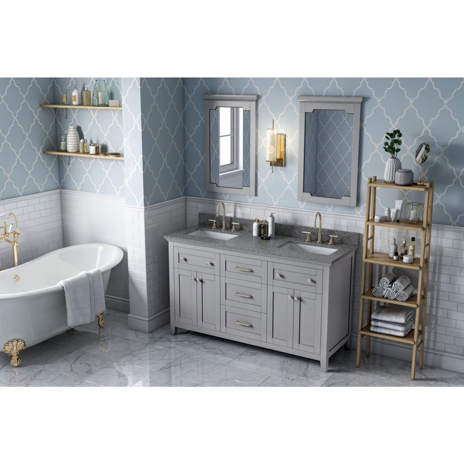 60" Grey Chatham Vanity, double bowl, Boulder Cultured Marble Vanity Top, two undermount rectangle bowls