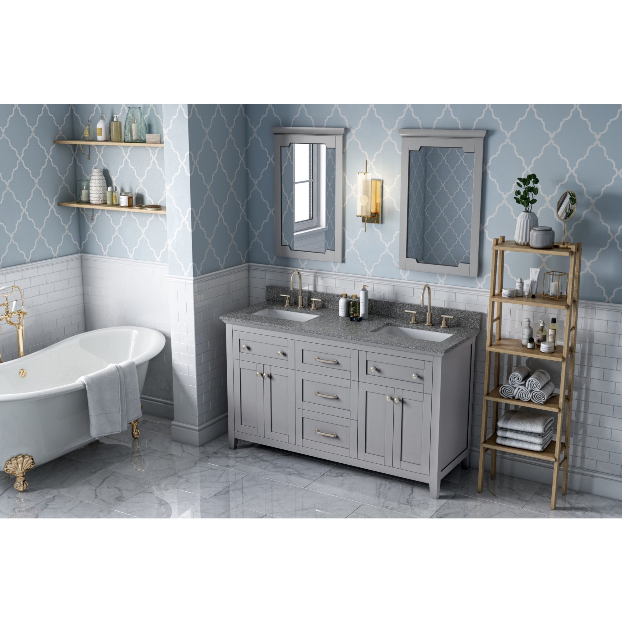60" Grey Chatham Vanity, double bowl, Boulder Cultured Marble Vanity Top, two undermount rectangle bowls
