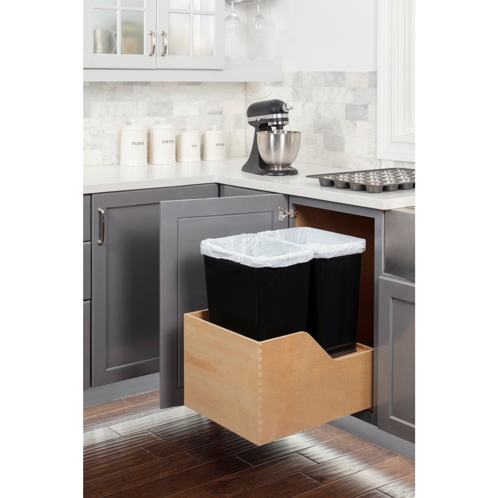 Double 50 Quart Wood Bottom-Mount Soft-close Trashcan Rollout for Hinged Doors, Includes Two Black Cans
