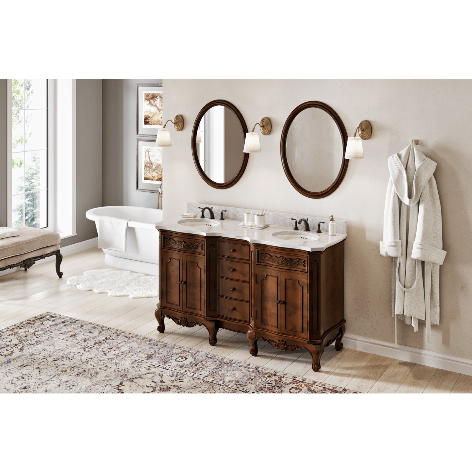 60" Nutmeg Clairemont Vanity, double bowl, Clairemont-only White Carrara Marble Vanity Top, two undermount oval bowls