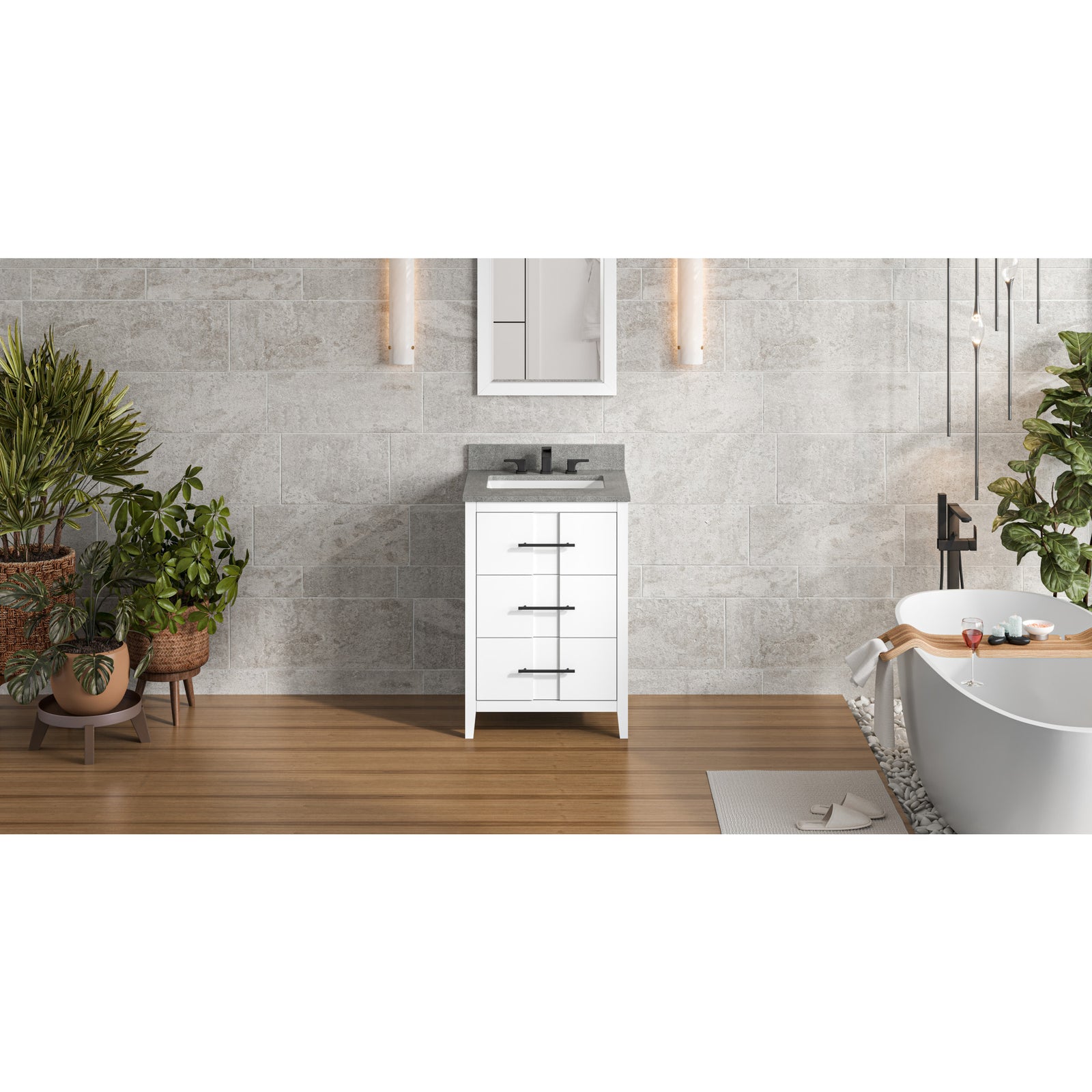 24" White Katara Vanity, Steel Grey Cultured Marble Vanity Top, undermount rectangle bowl