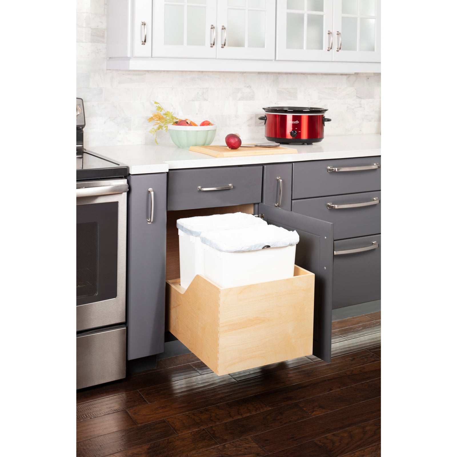 Double 35 Quart Wood Bottom-Mount Soft-close Trashcan Rollout for Hinged Doors, Includes Two White Cans