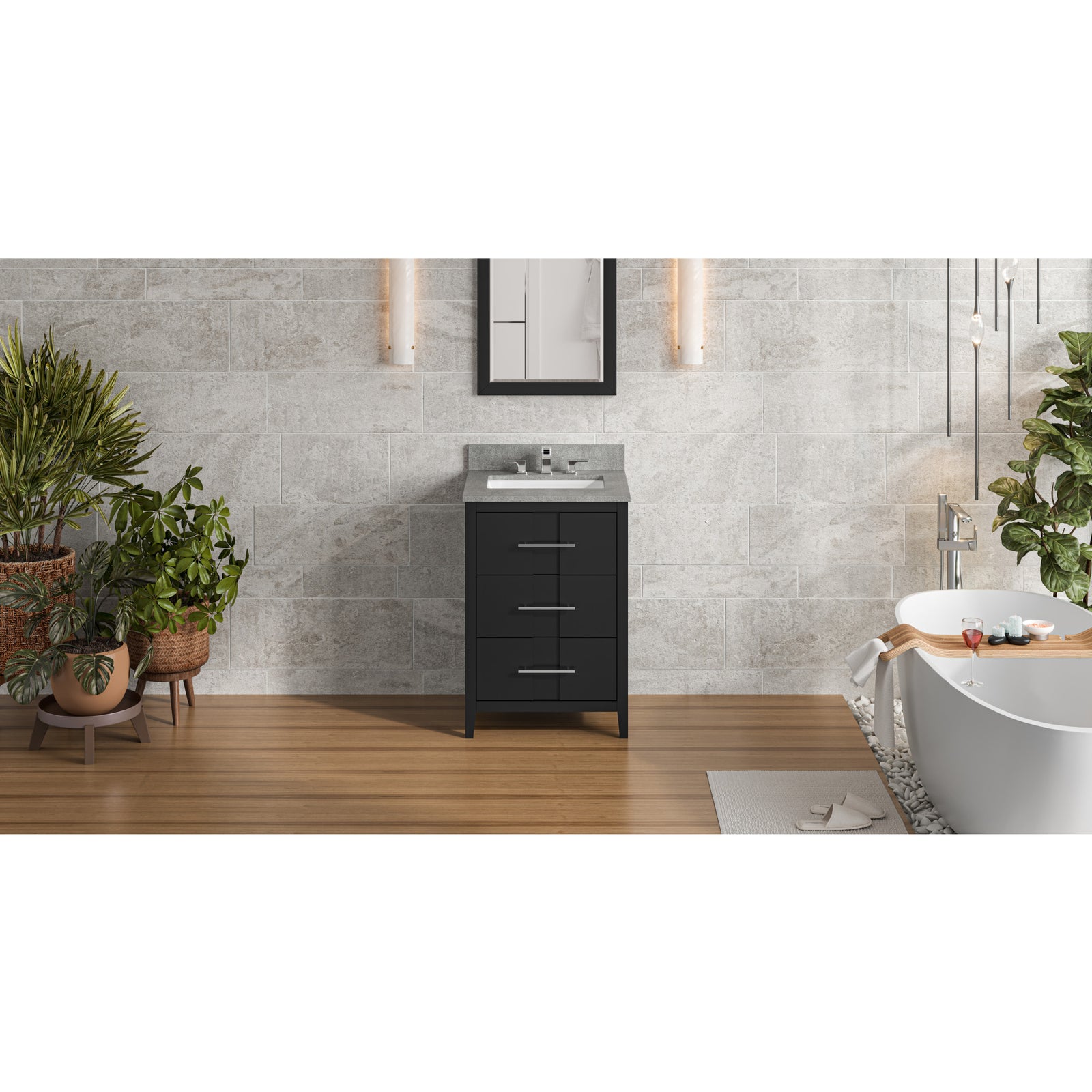 24" Black Katara Vanity, Steel Grey Cultured Marble Vanity Top, undermount rectangle bowl