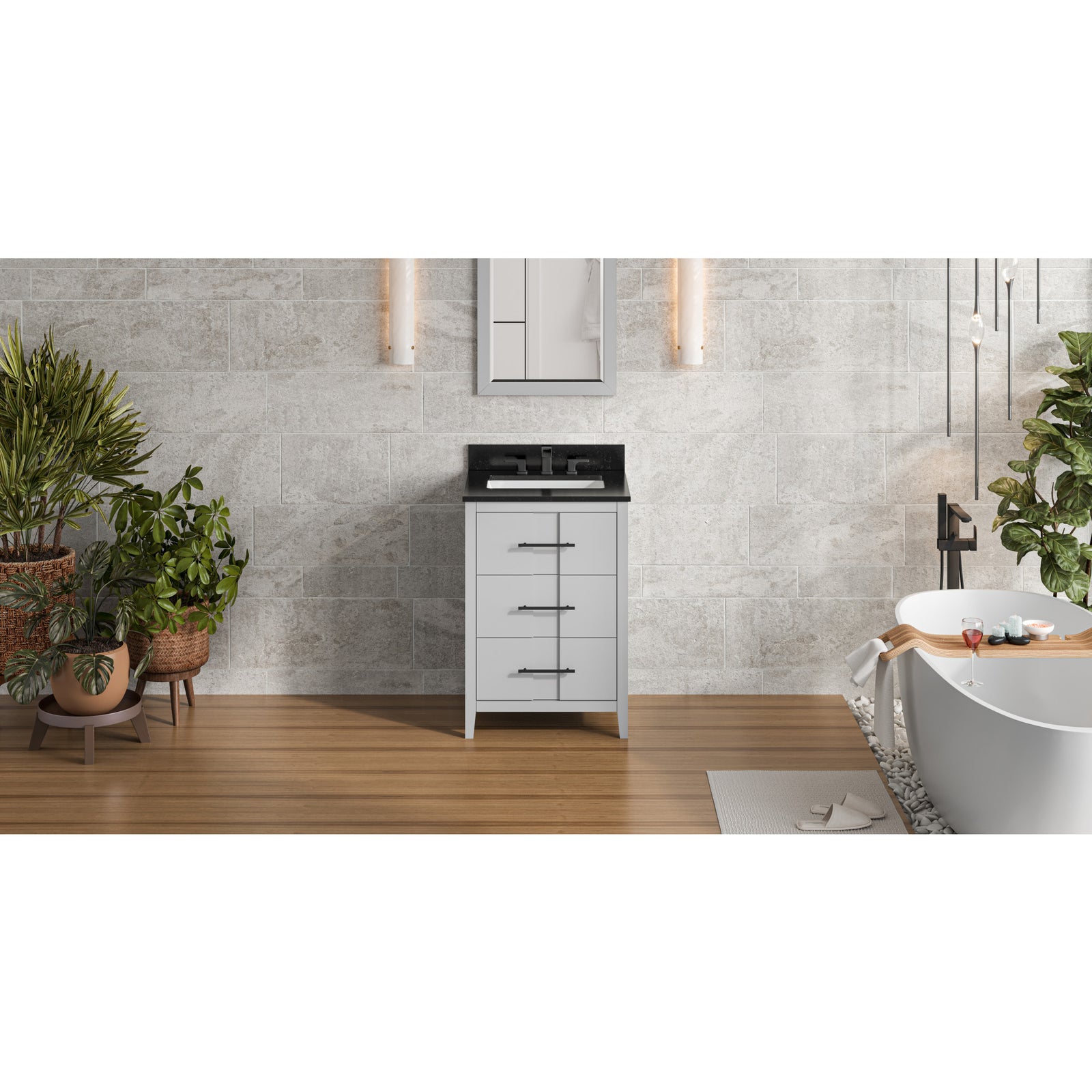 24" Grey Katara Vanity, Black Granite Vanity Top, undermount rectangle bowl