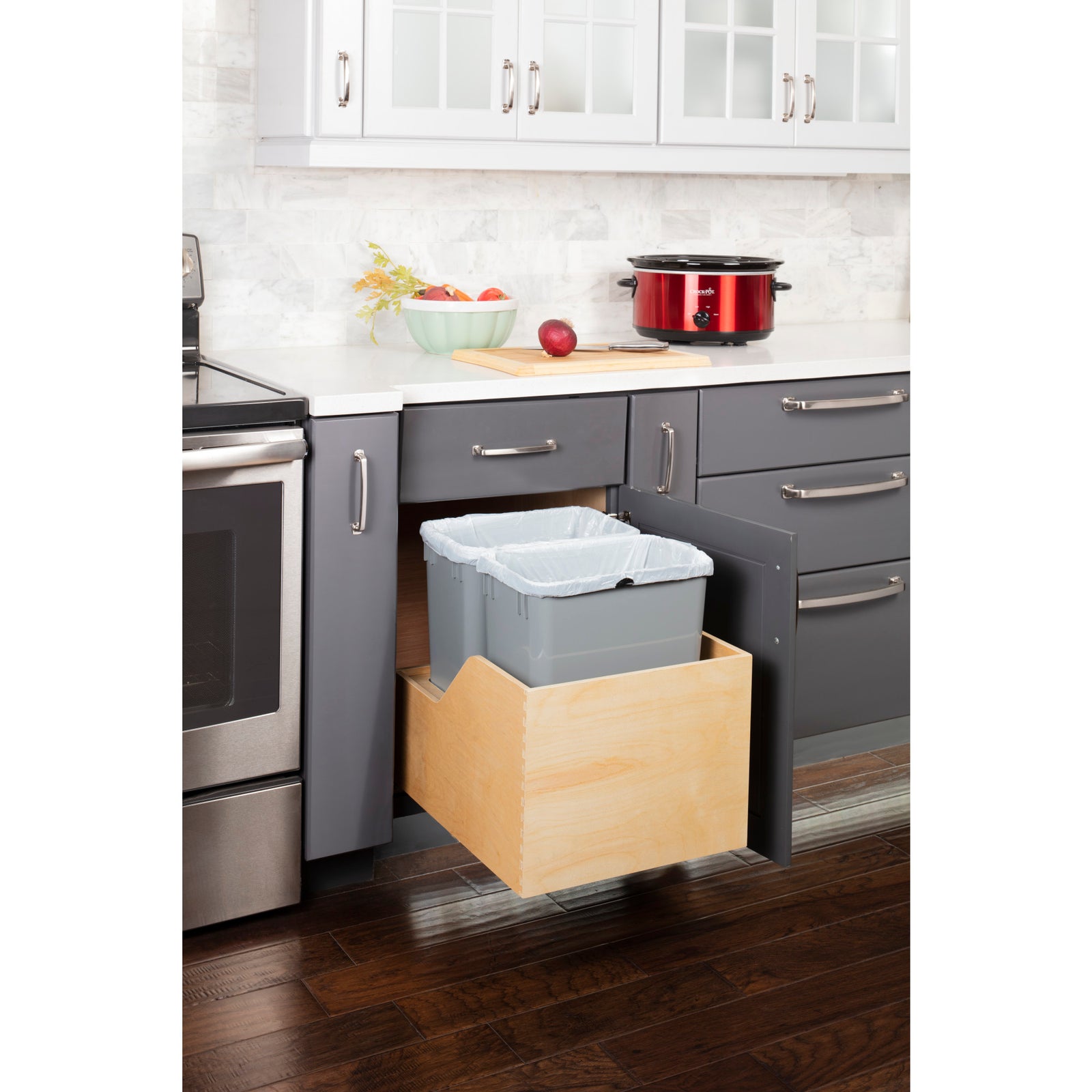 Double 35 Quart Wood Bottom-Mount Soft-close Trashcan Rollout for Hinged Doors, Includes Two Grey Cans