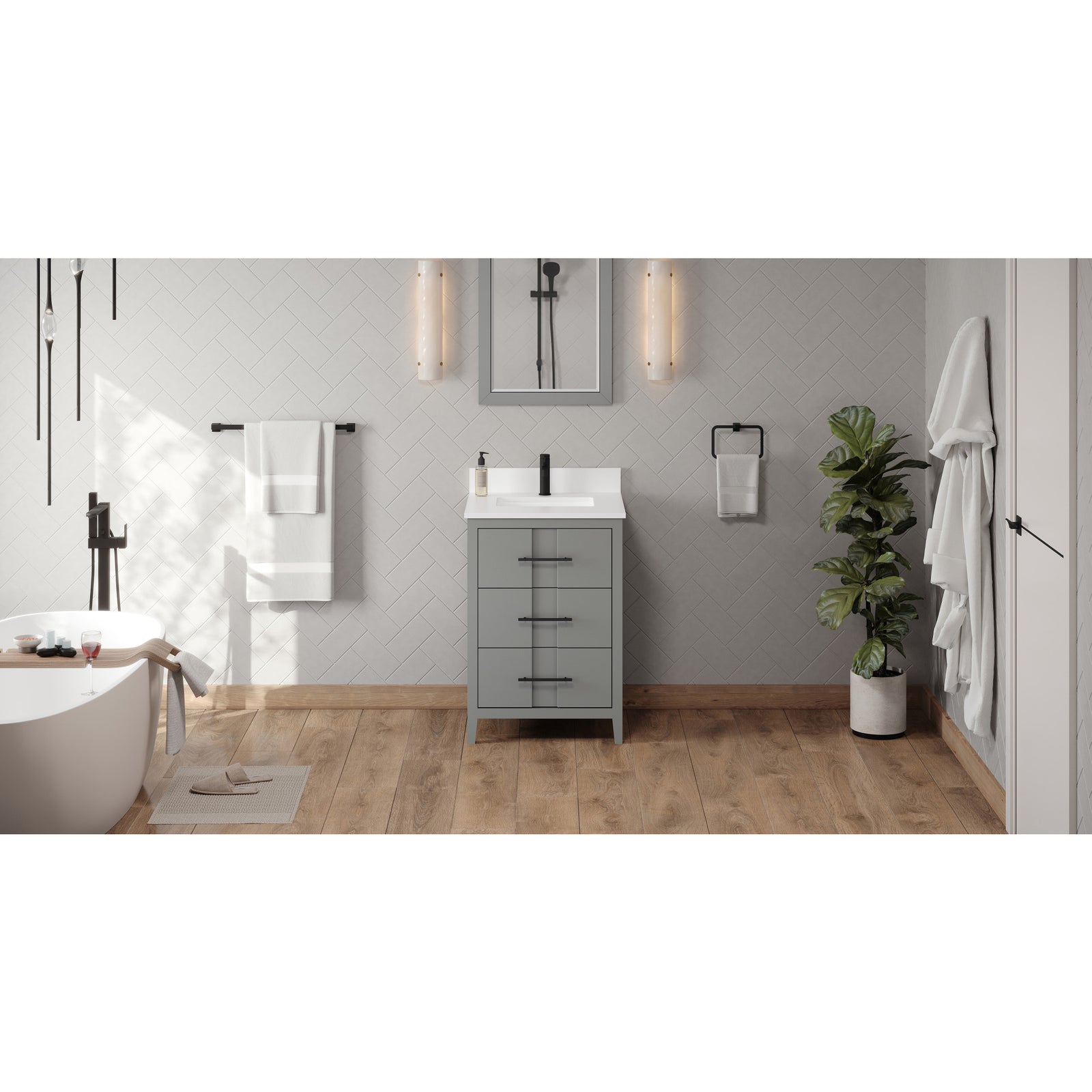 24" Grey Katara Vanity, White Quartz Vanity Top, undermount rectangle bowl