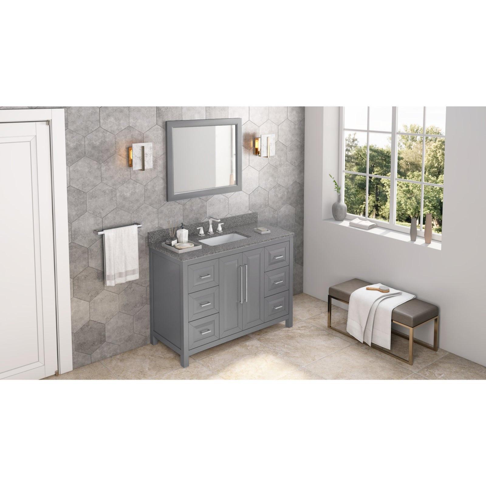 48" Grey Cade Vanity, Boulder Cultured Marble Vanity Top, undermount rectangle bowl