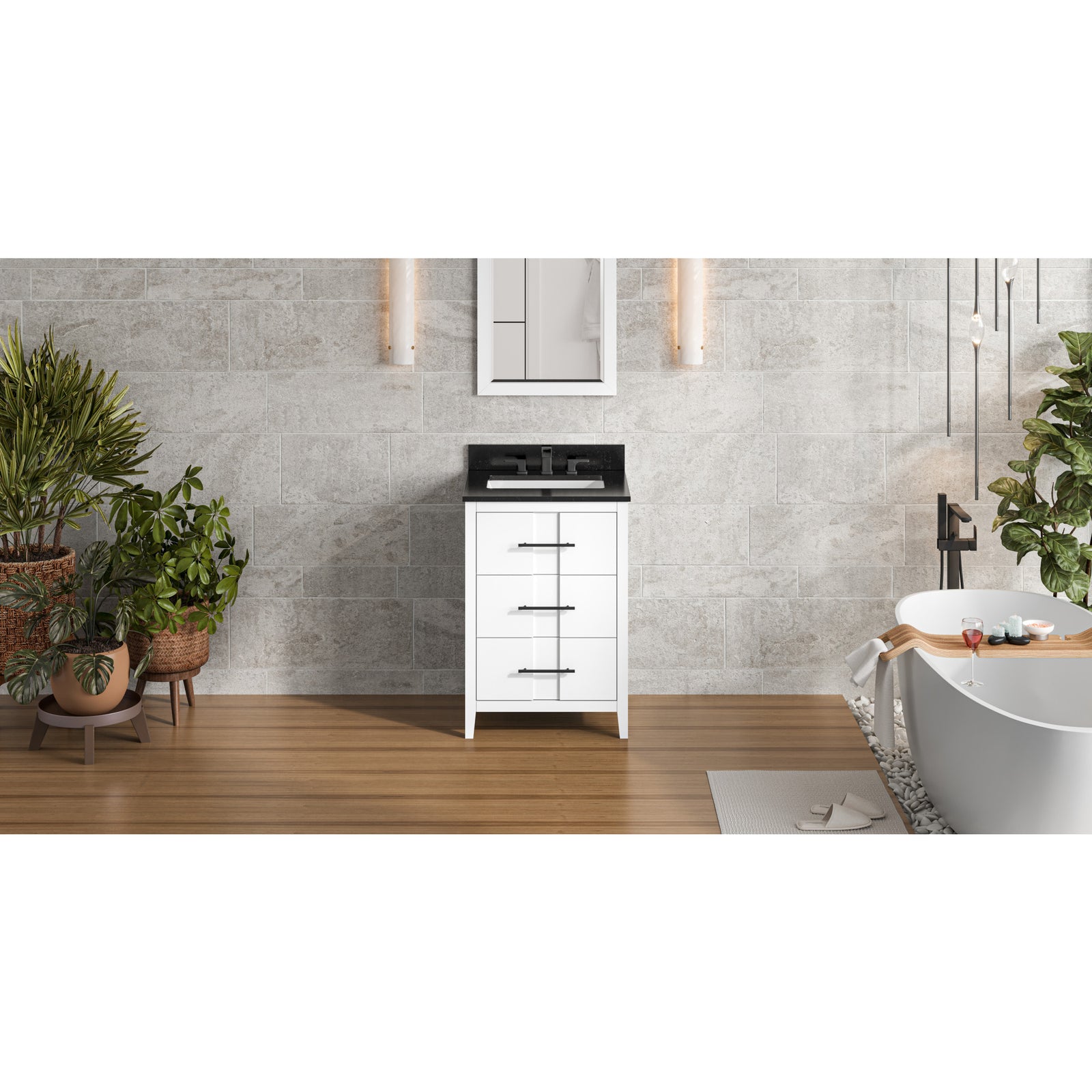 24" White Katara Vanity, Black Granite Vanity Top, undermount rectangle bowl