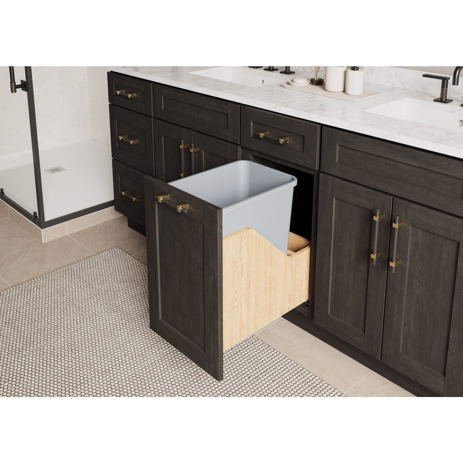 Single 35 Quart Wood Bottom-Mount Soft-close Vanity Trashcan Rollout for Door Mounting, Includes One Grey Can