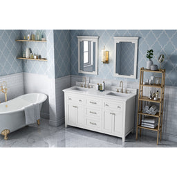 60" White Chatham Vanity, double bowl, White Carrara Marble Vanity Top, two undermount rectangle bowls