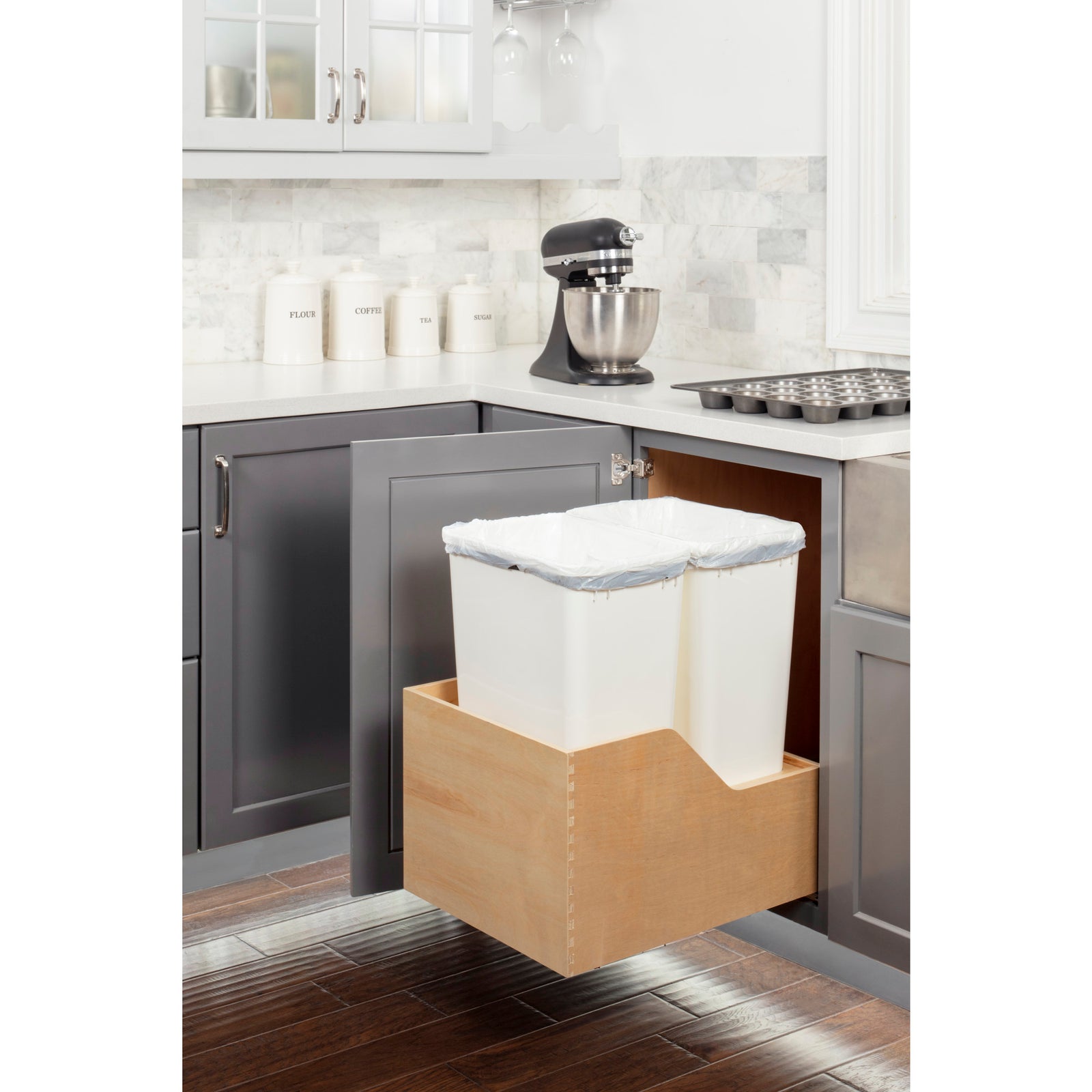 Double 50 Quart Wood Bottom-Mount Soft-close Trashcan Rollout for Hinged Doors, Includes Two White Cans