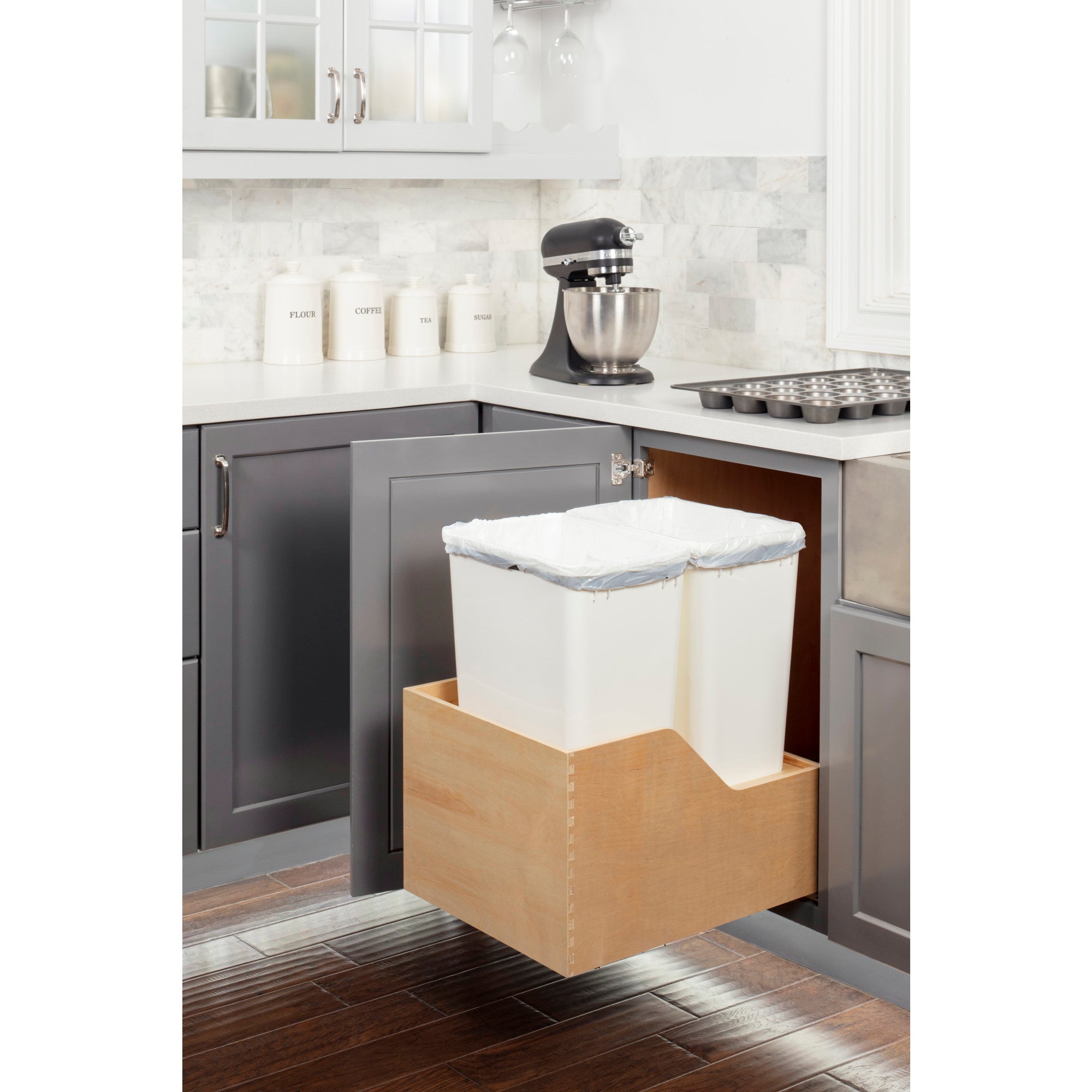 Double 50 Quart Wood Bottom-Mount Soft-close Trashcan Rollout for Hinged Doors, Includes Two White Cans