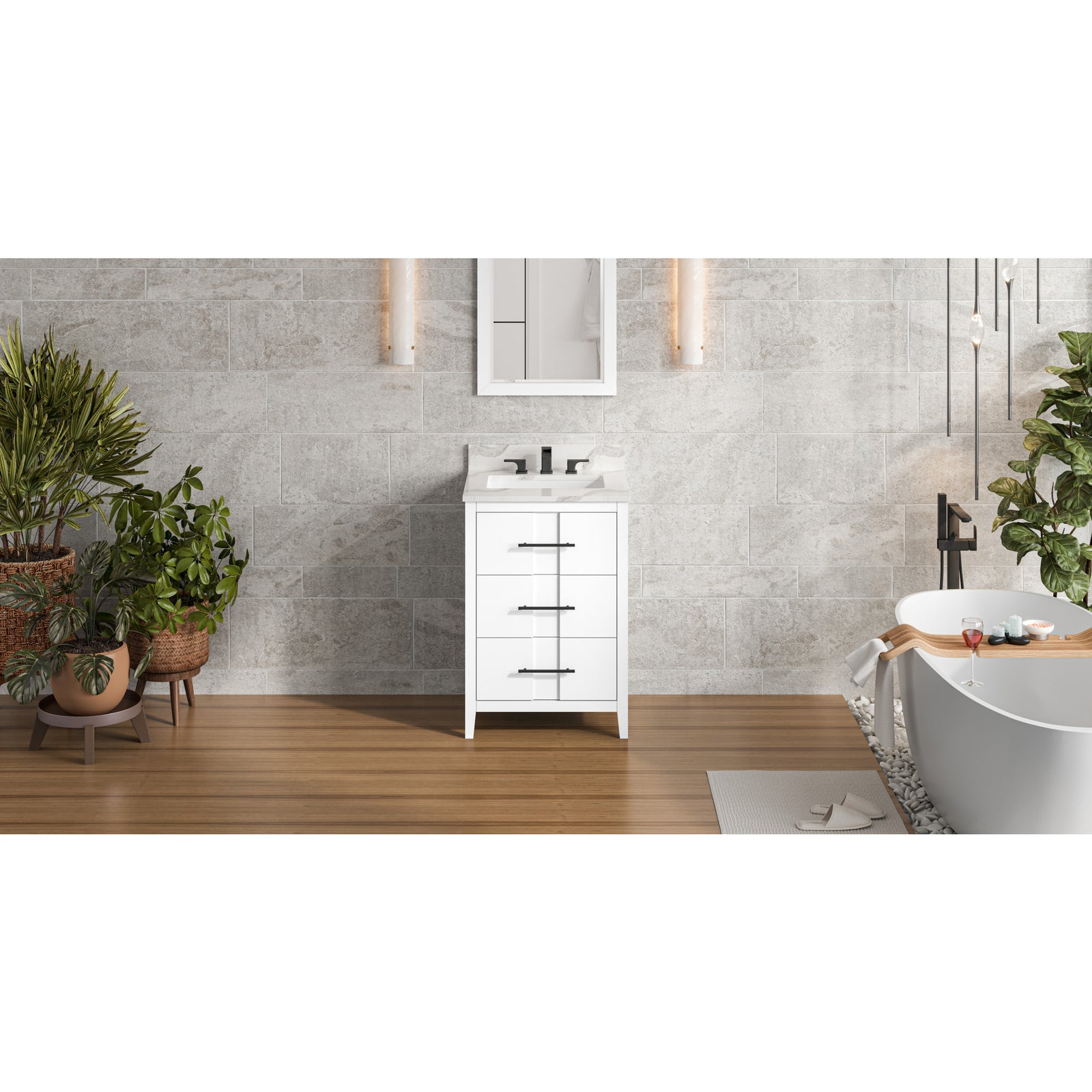 24" White Katara Vanity, Calacatta Vienna Quartz Vanity Top, undermount rectangle bowl