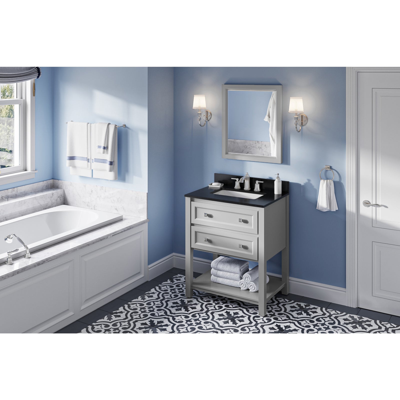 30" Grey Adler Vanity, Black Granite Vanity Top, undermount rectangle bowl