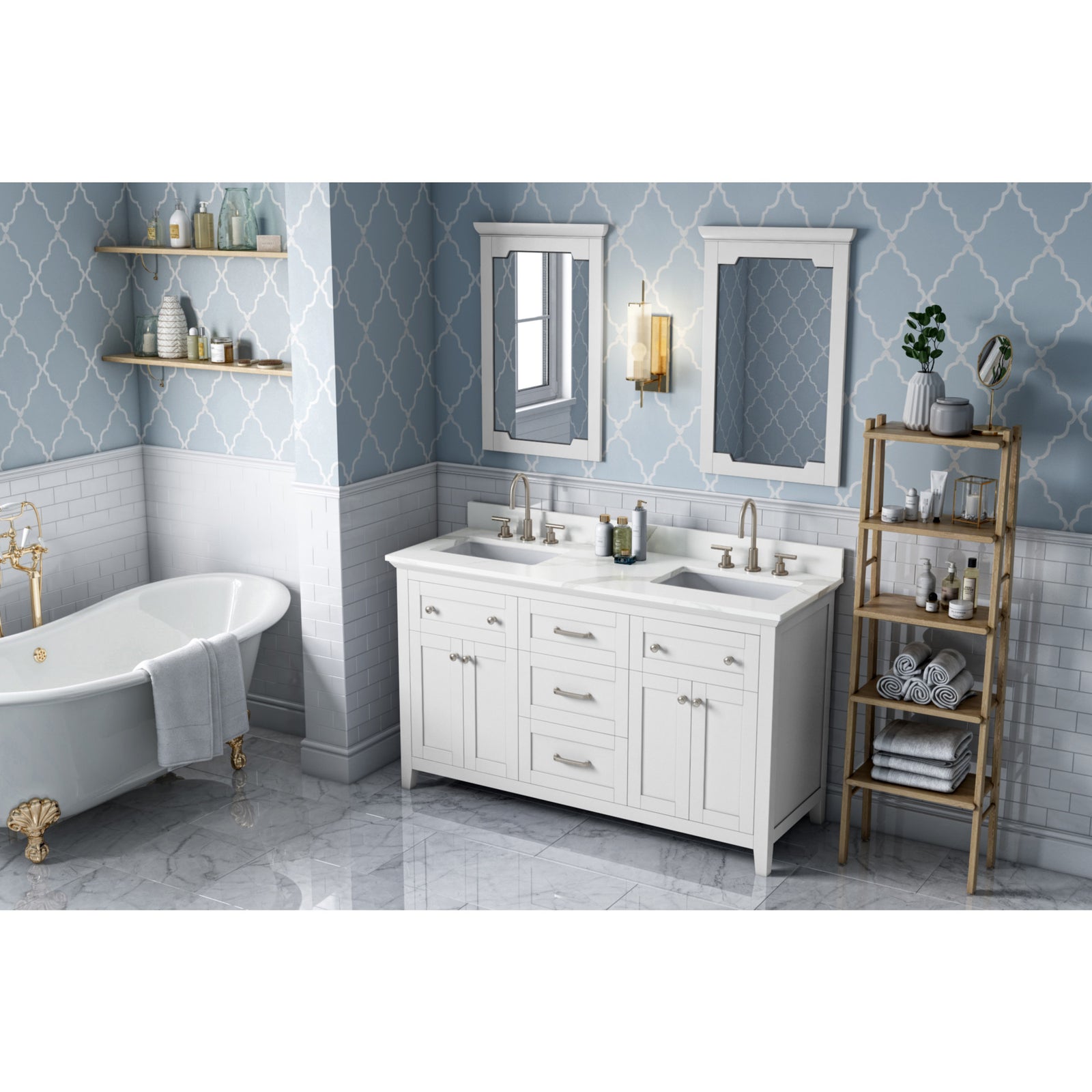 60" White Chatham Vanity, double bowl, Calacatta Vienna Quartz Vanity Top, two undermount rectangle bowls