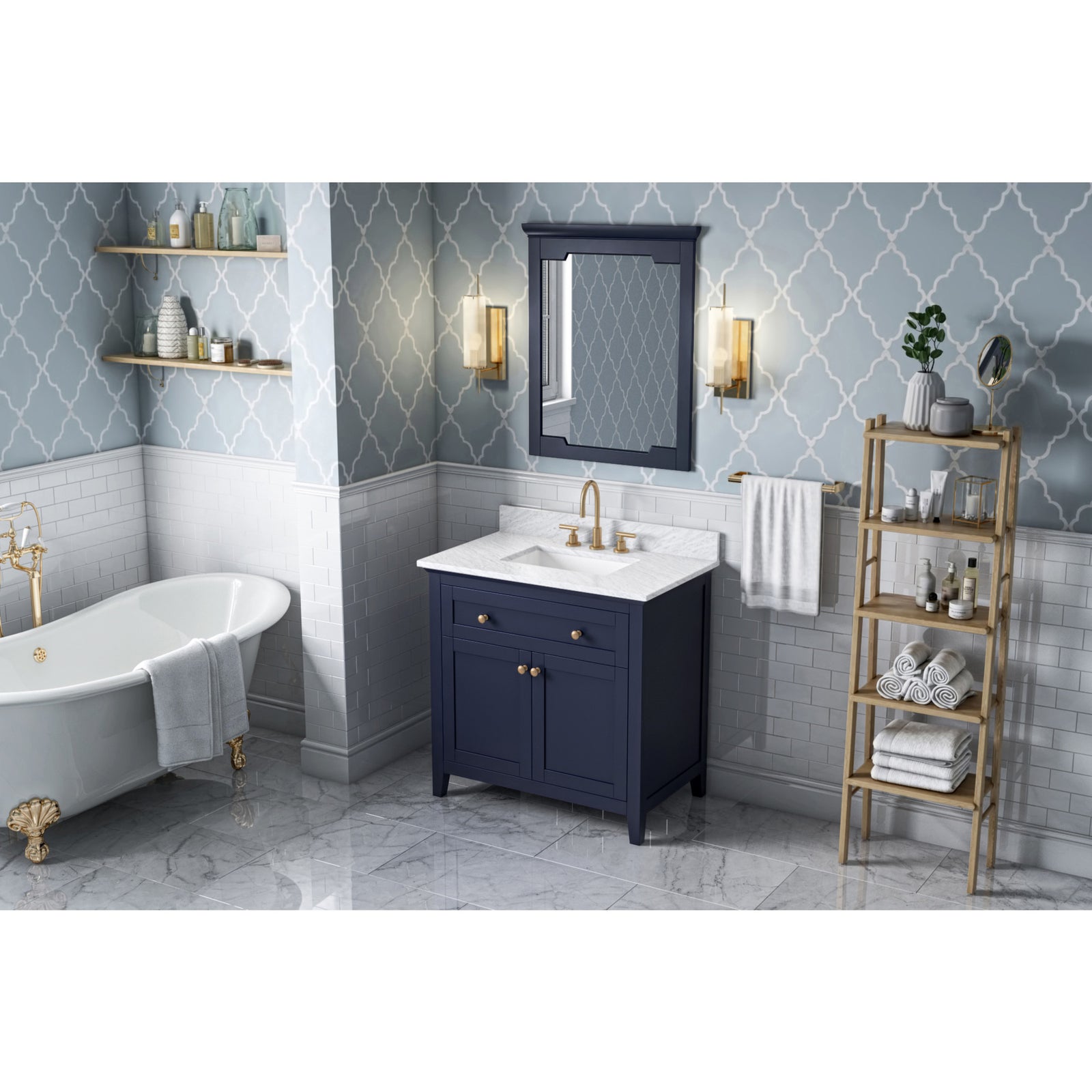 36" Hale Blue Chatham Vanity, White Carrara Marble Vanity Top, undermount rectangle bowl