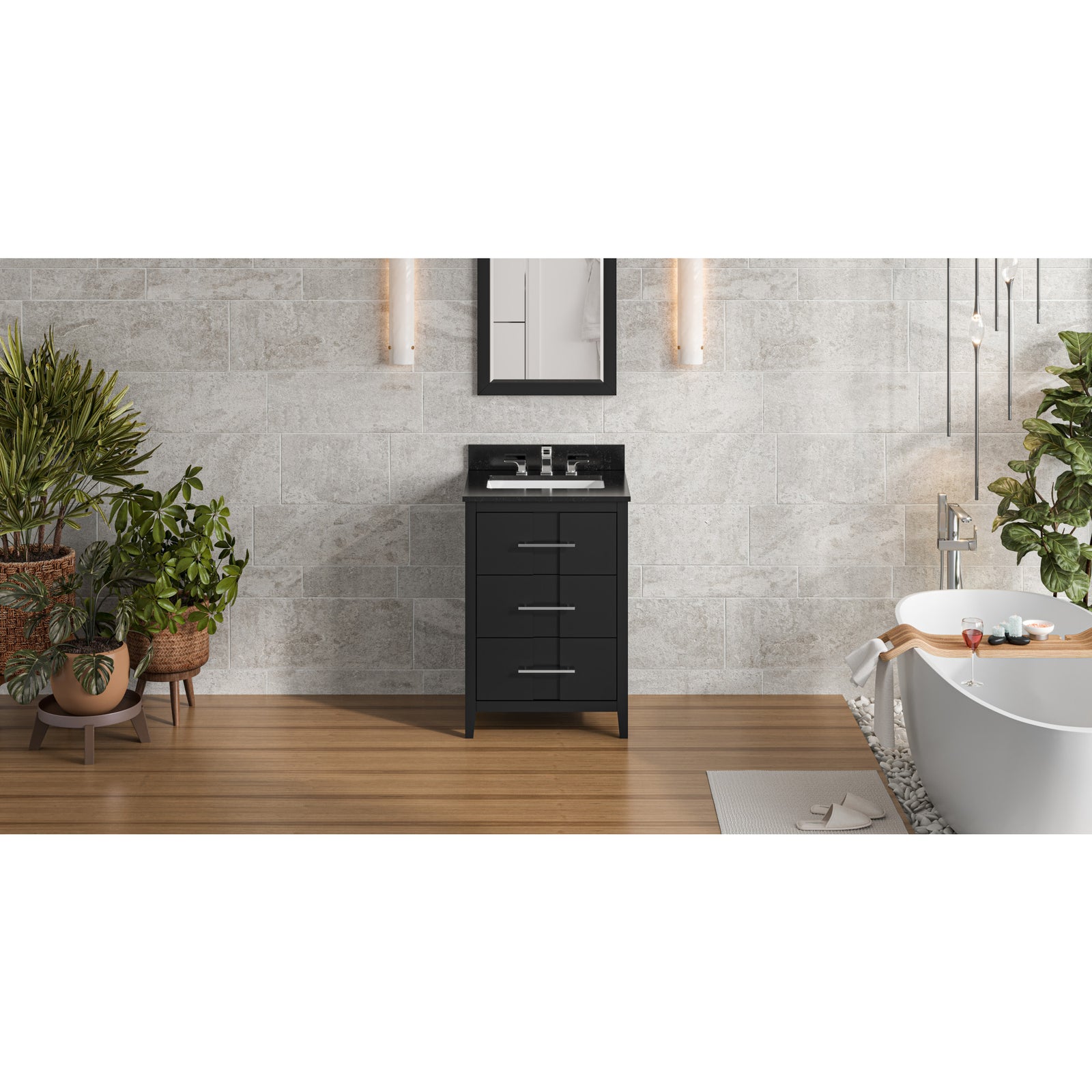 24" Black Katara Vanity, Black Granite Vanity Top, undermount rectangle bowl