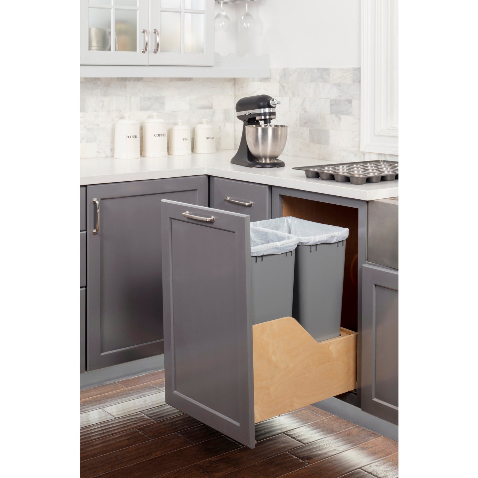 Double 50 Quart Wood Bottom-Mount Soft-close Trashcan Rollout for Door Mounting, Includes Two Grey Cans