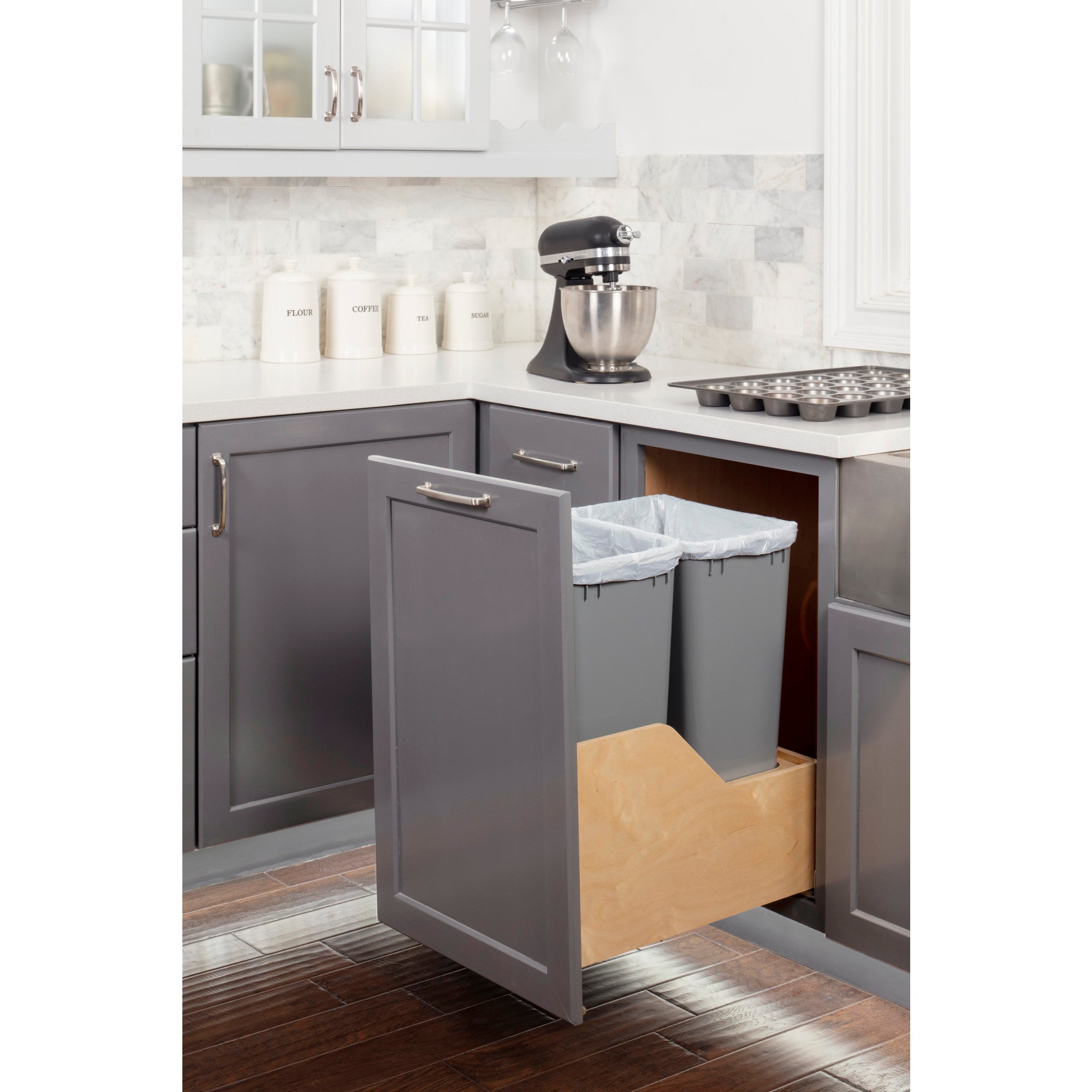 Double 50 Quart Wood Bottom-Mount Soft-close Trashcan Rollout for Door Mounting, Includes Two Grey Cans