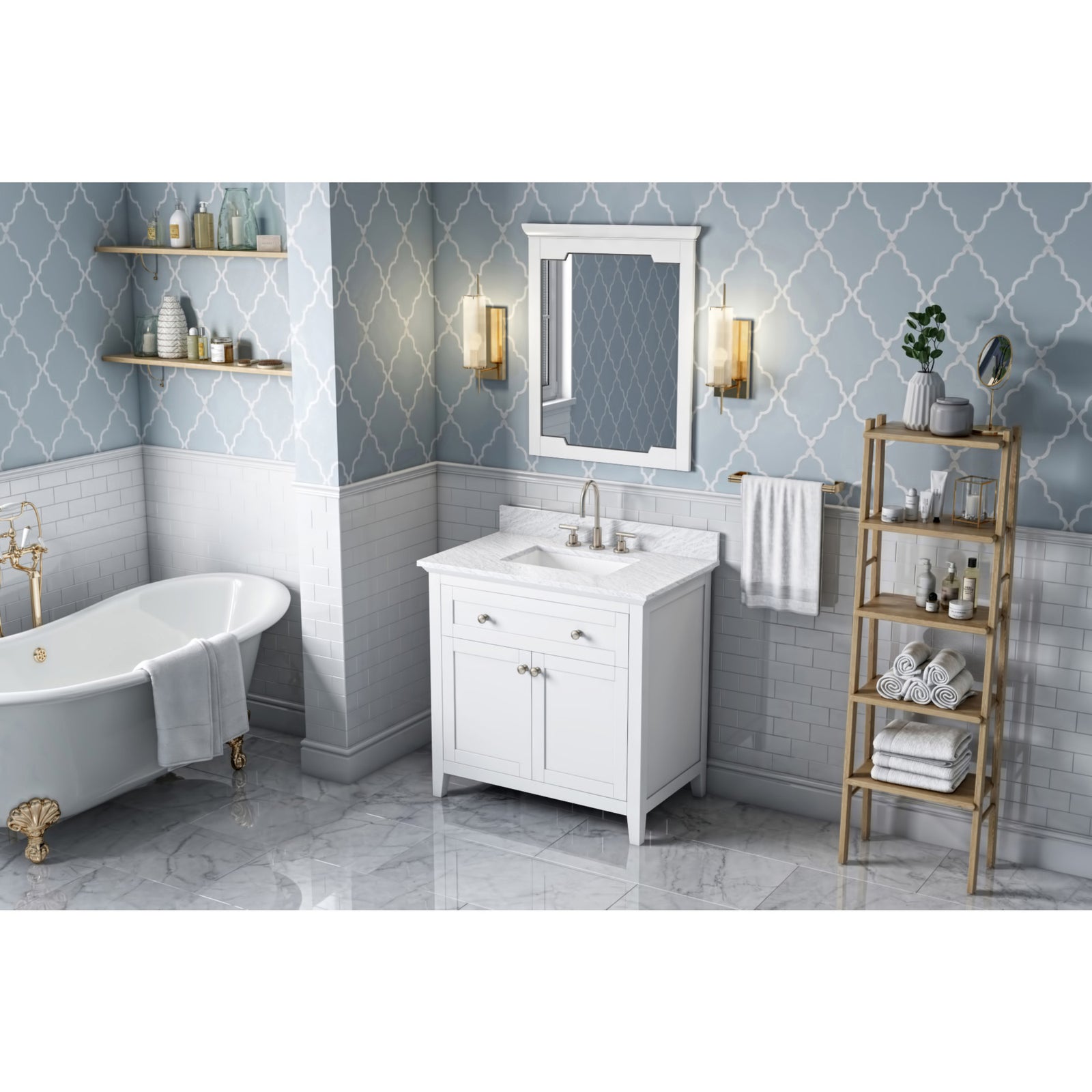 36" White Chatham Vanity, White Carrara Marble Vanity Top, undermount rectangle bowl