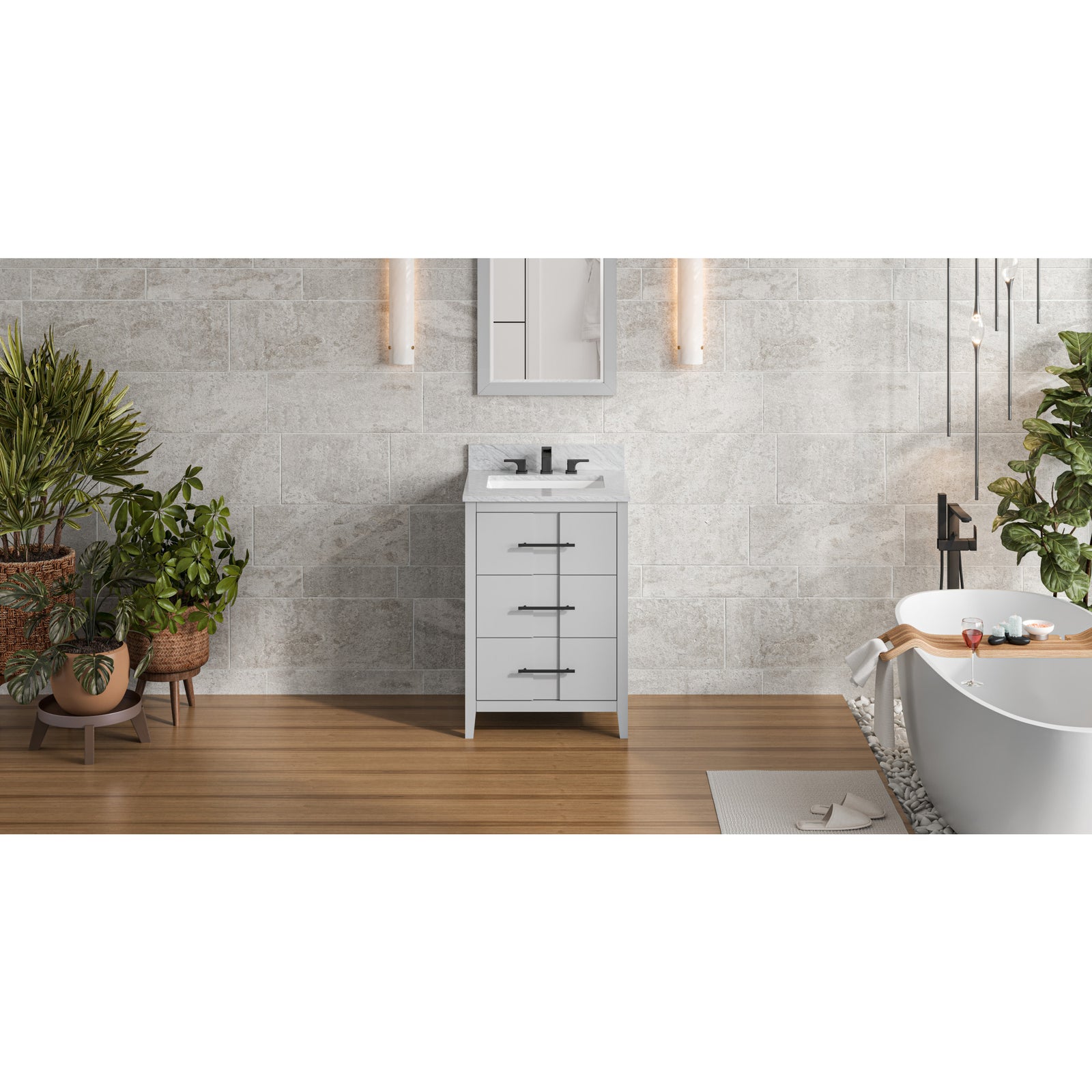 24" Grey Katara Vanity, White Carrara Marble Vanity Top, undermount rectangle bowl