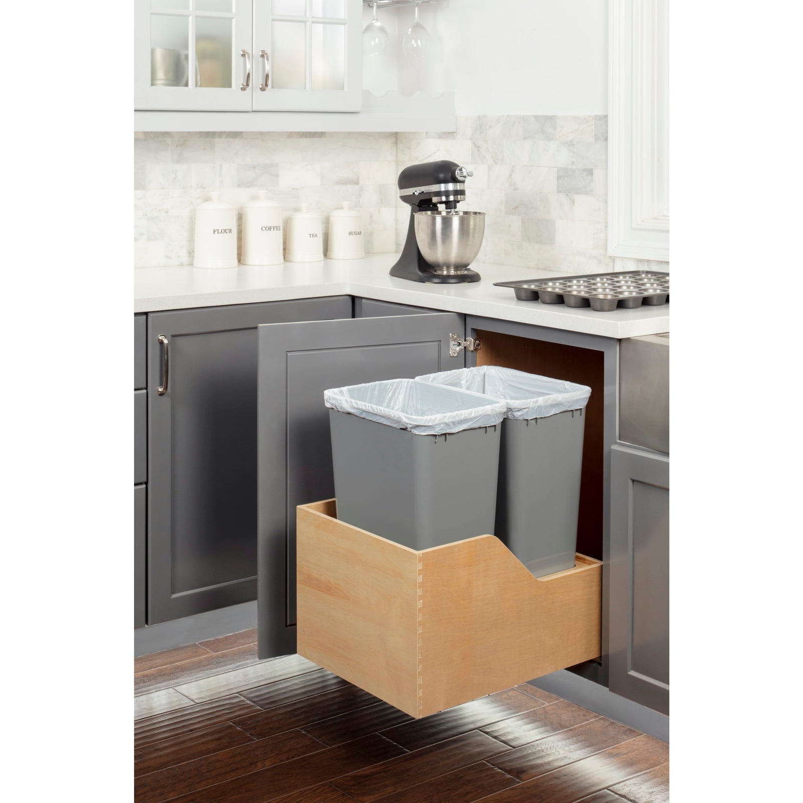 Double 50 Quart Wood Bottom-Mount Soft-close Trashcan Rollout for Hinged Doors, Includes Two Grey Cans