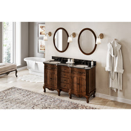60" Nutmeg Clairemont Vanity, double bowl, Clairemont-only Black Granite Vanity Top, two undermount oval bowls