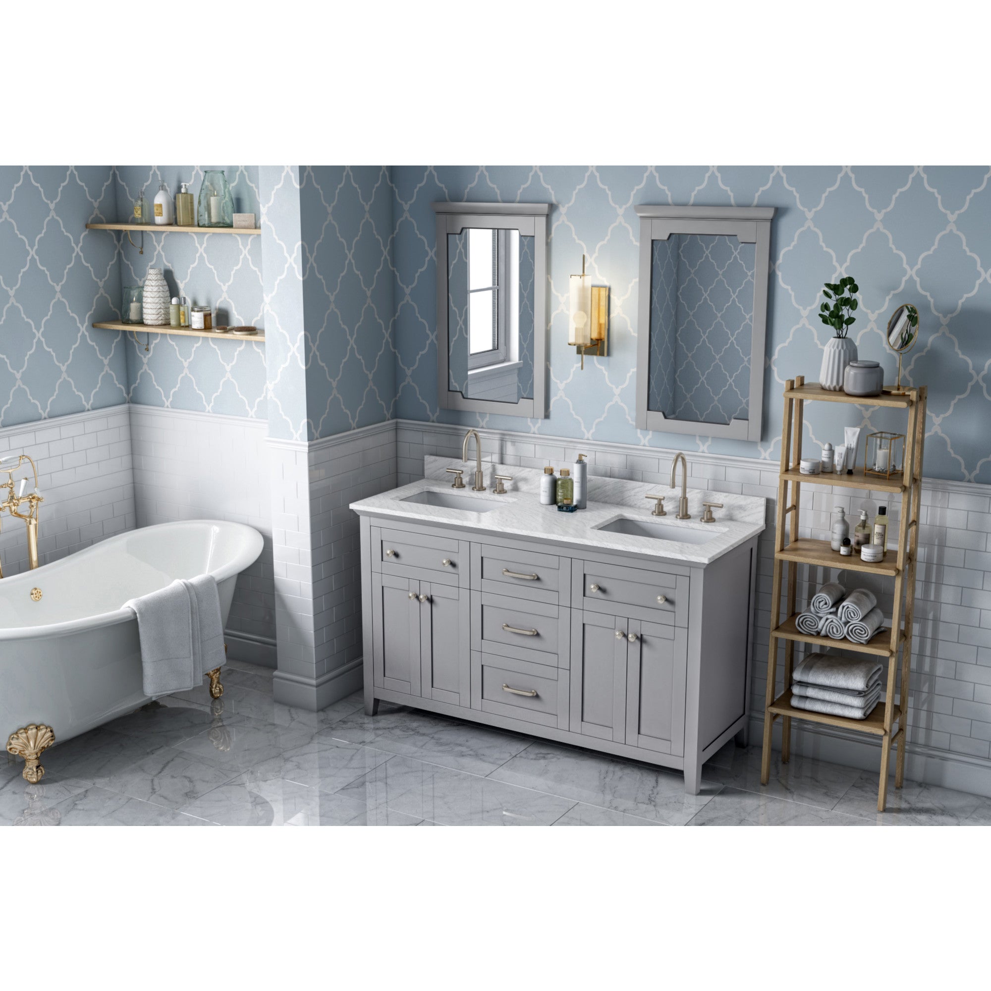 60" Grey Chatham Vanity, double bowl, White Carrara Marble Vanity Top, two undermount rectangle bowls