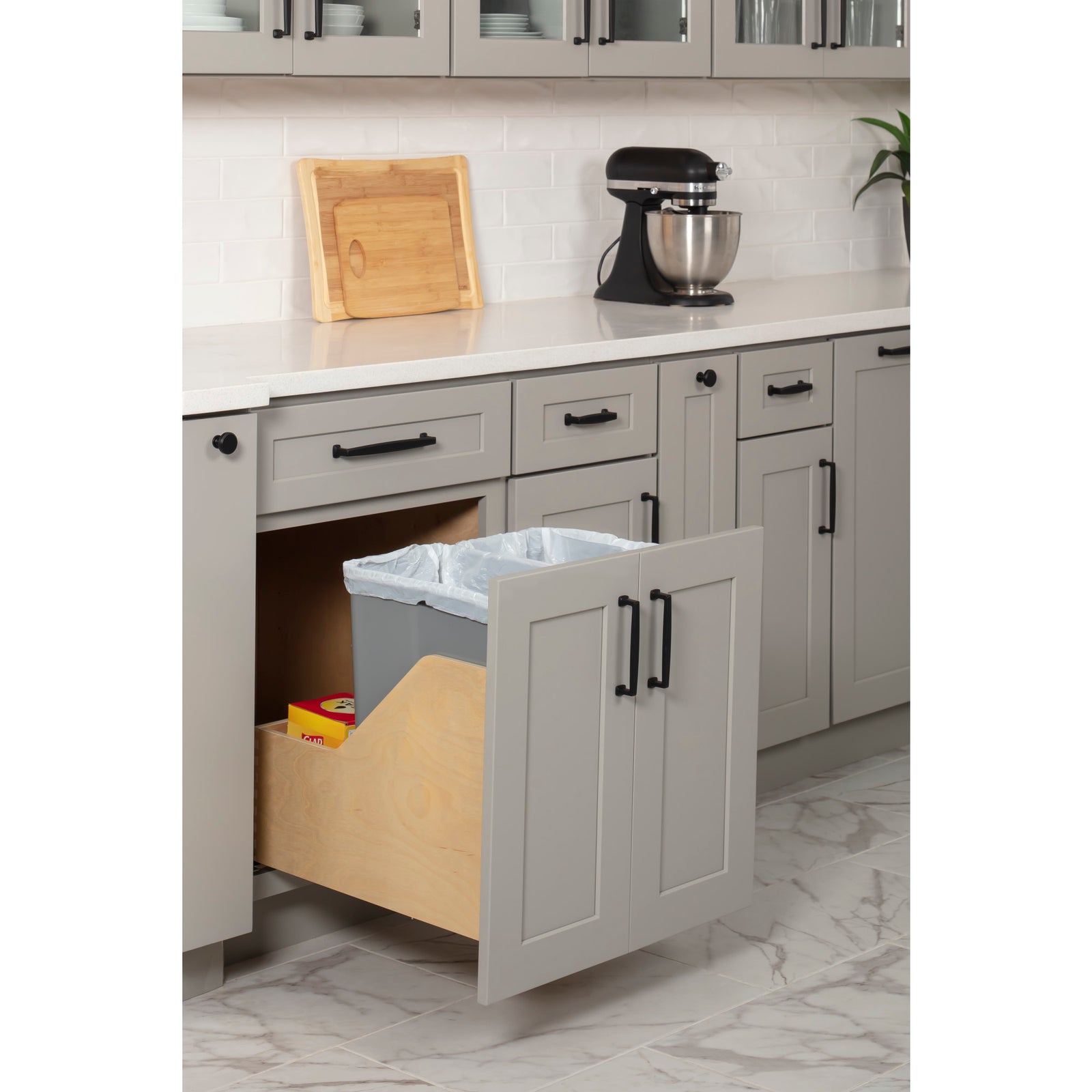 Double 35 Quart Wood Bottom-Mount Soft-close Trashcan Rollout for Door Mounting, Includes Two Grey Cans and Door Joining Bracket