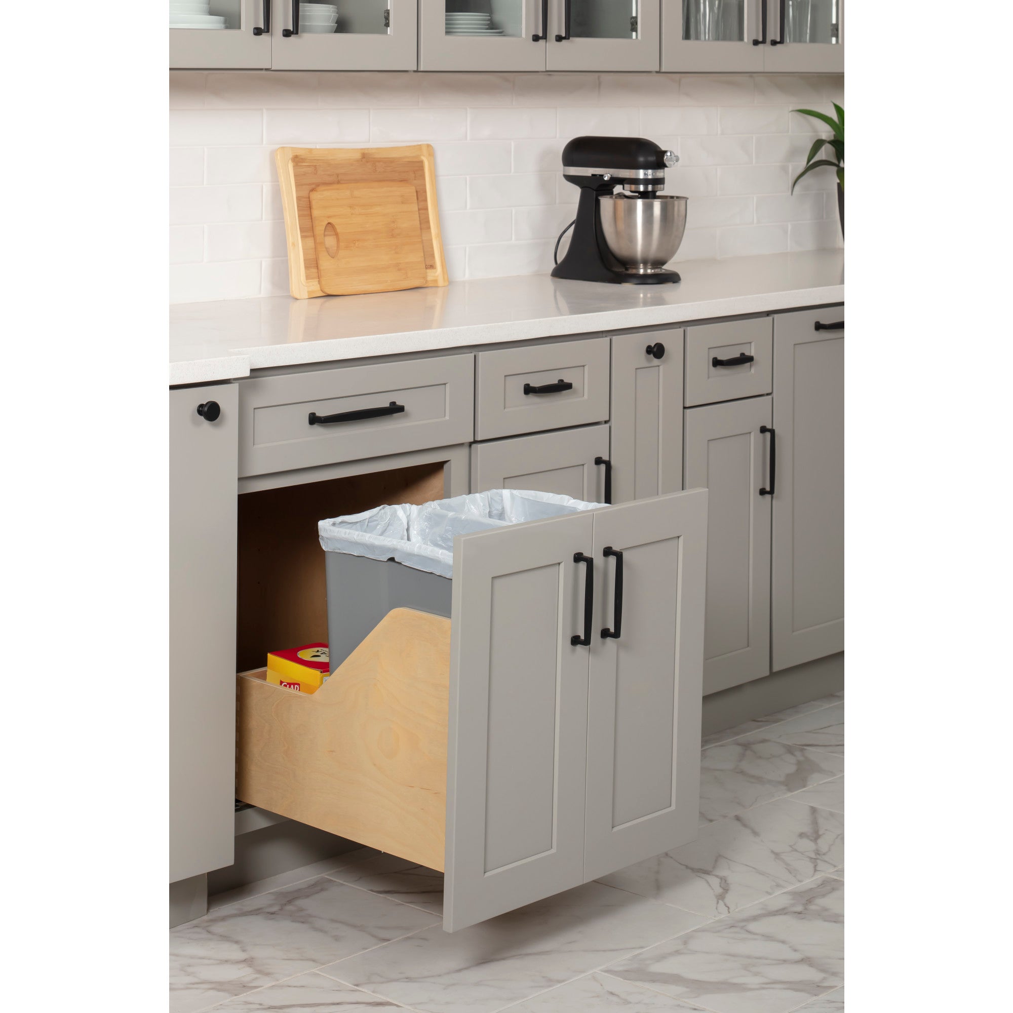 Double 35 Quart Wood Bottom-Mount Soft-close Trashcan Rollout for Door Mounting, Includes Two Grey Cans and Door Joining Bracket
